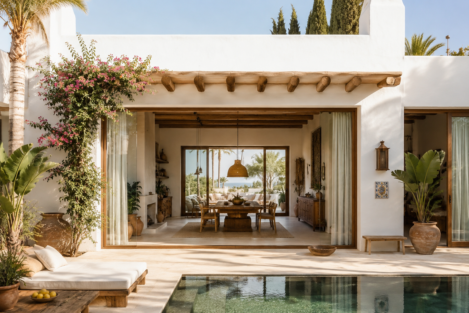 Villa andaluza contemporánea con porche abierto al jardín, vigas de madera y decoración mediterránea natural.
