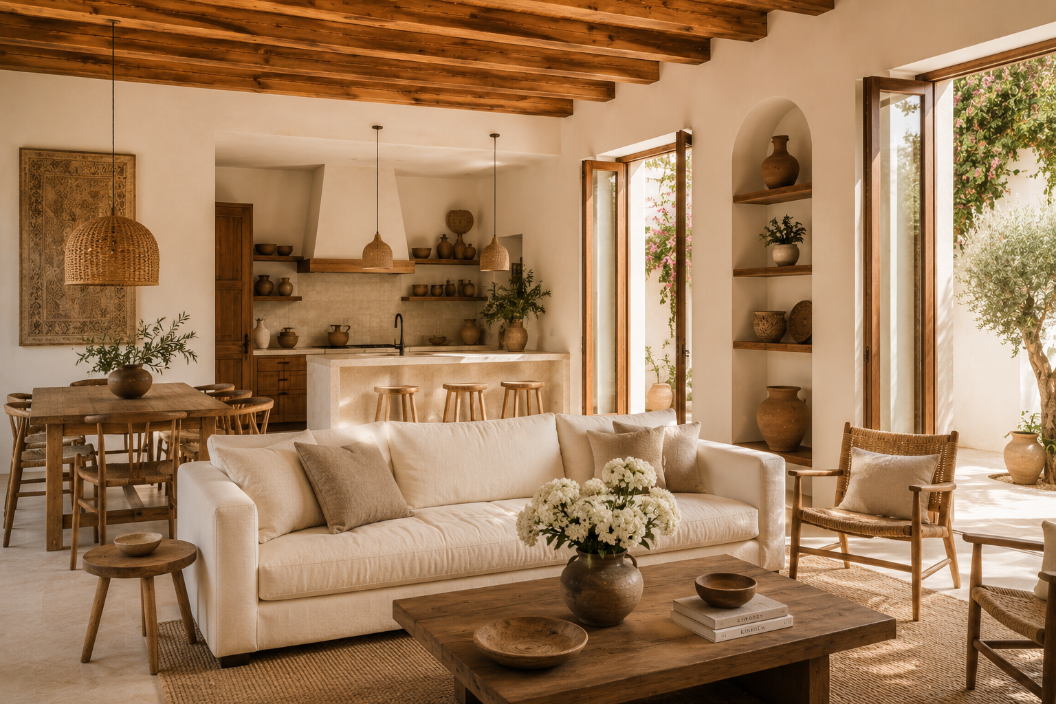 Salón de villa andaluza en Málaga con vigas de madera, sofá de lino y decoración mediterránea en tonos naturales.