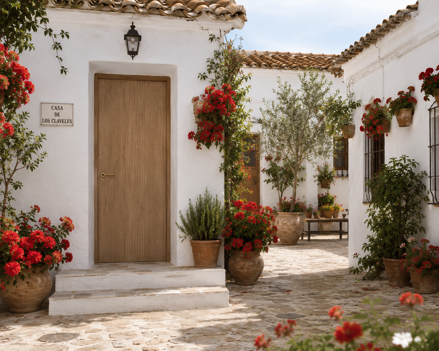 Patio andaluz con fachada encalada, puerta de madera a medida, tejas tradicionales, macetas y flores de colores.