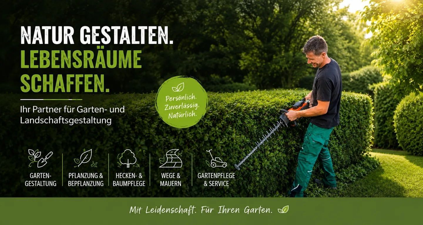 Heiko Zeller, Garten- und Landschaftsbau, Albershausen Ein Gärtner stutzt Hecken in einer üppig grünen Landschaft bei hellem Sonnenlicht und einem deutschen Text über die Schaffung von Lebensräumen.