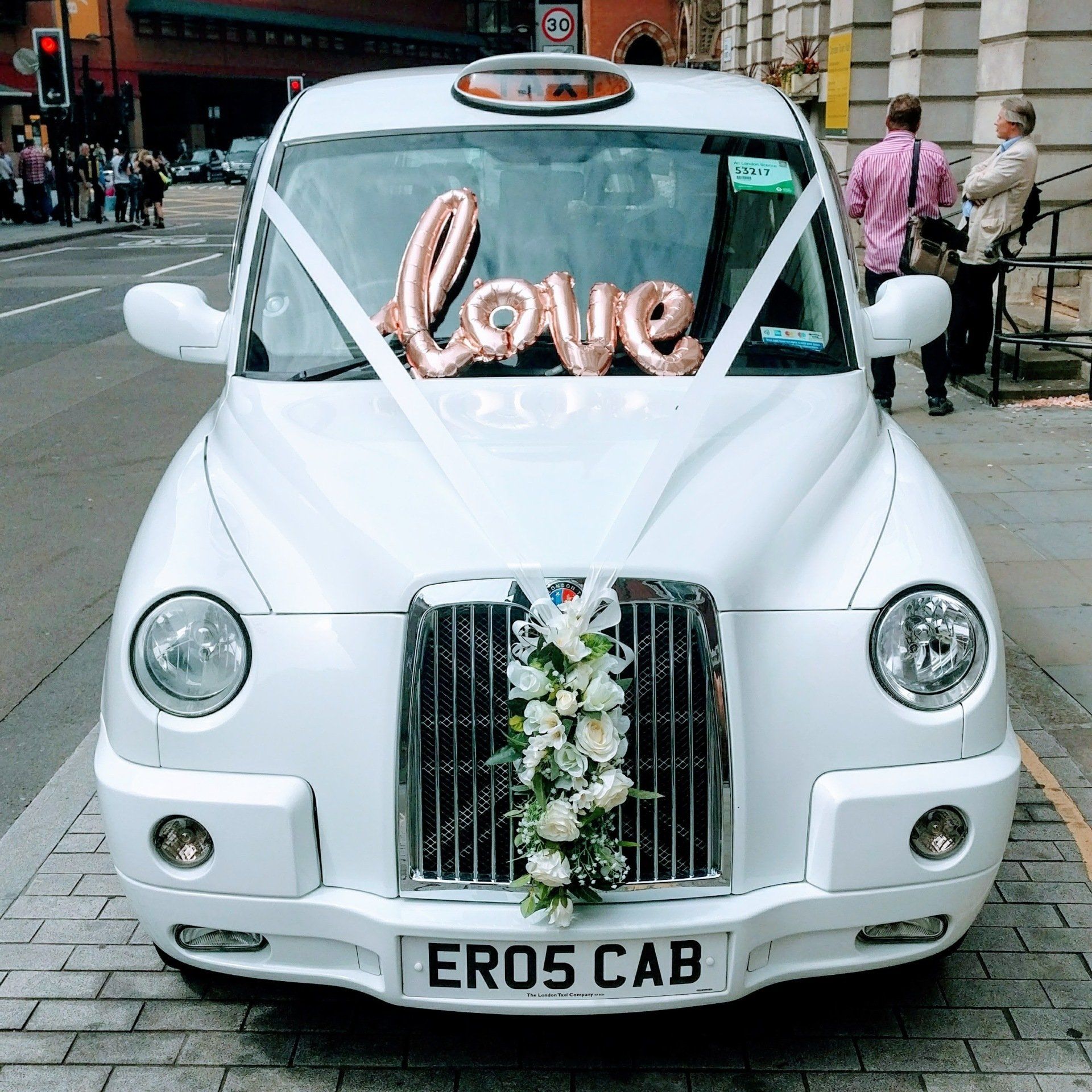 White Wedding Taxi with White/Ivory Wedding Ribbon