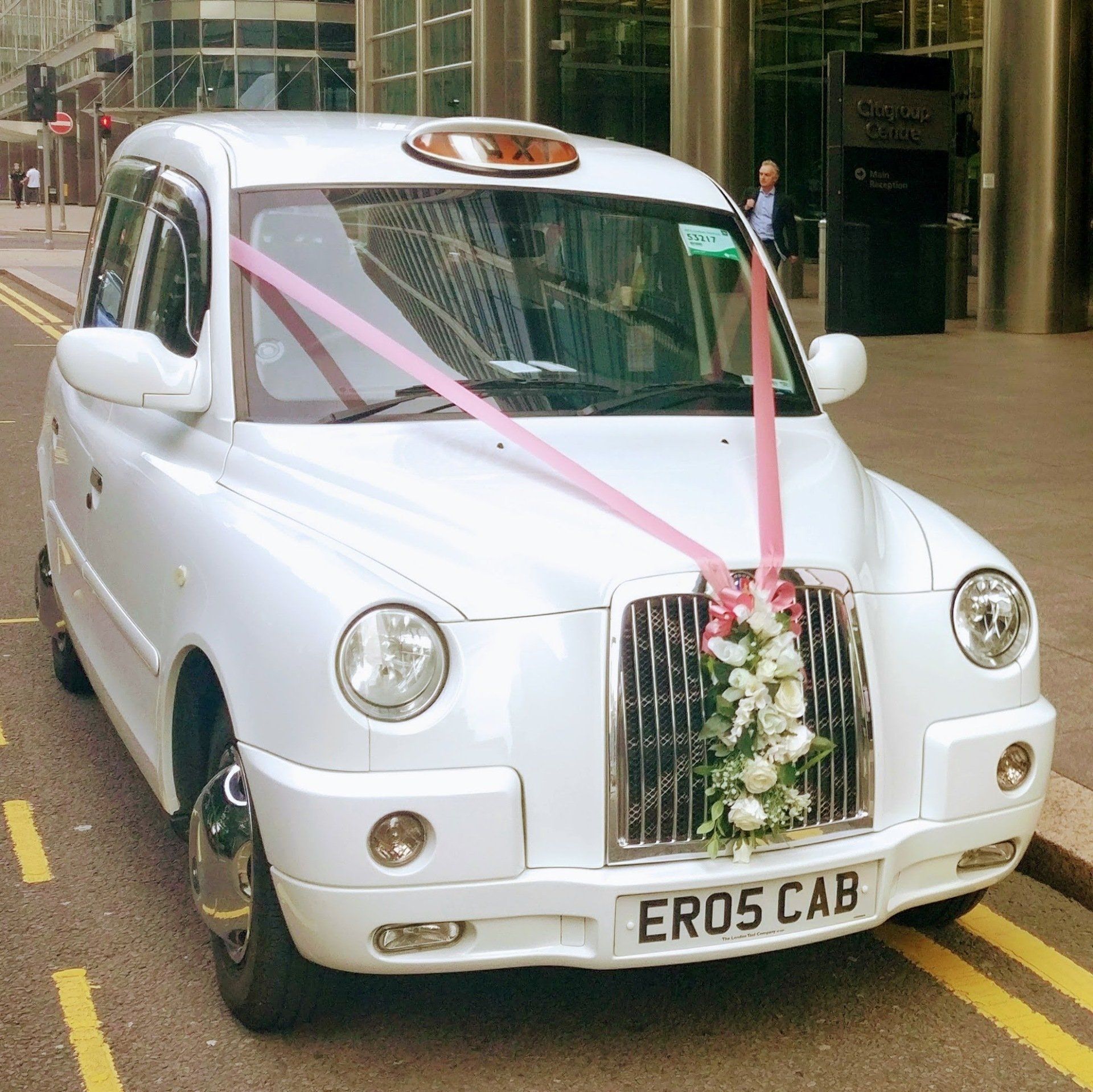 White Wedding Taxi with Dusky Pink wedding Ribbon