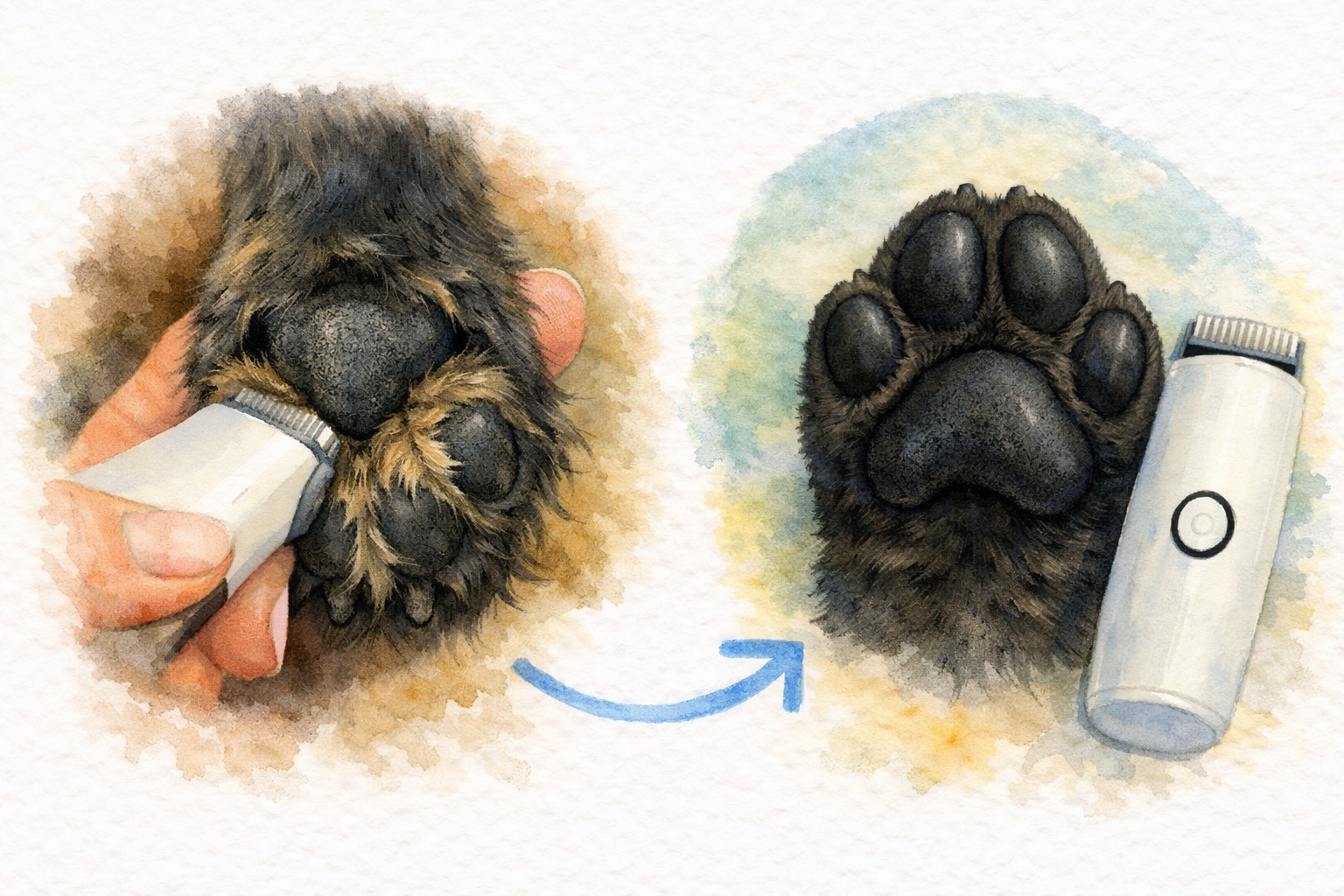 Die Haare an der Pfote eines Hundes werden mit einem Trimmer gekürzt.