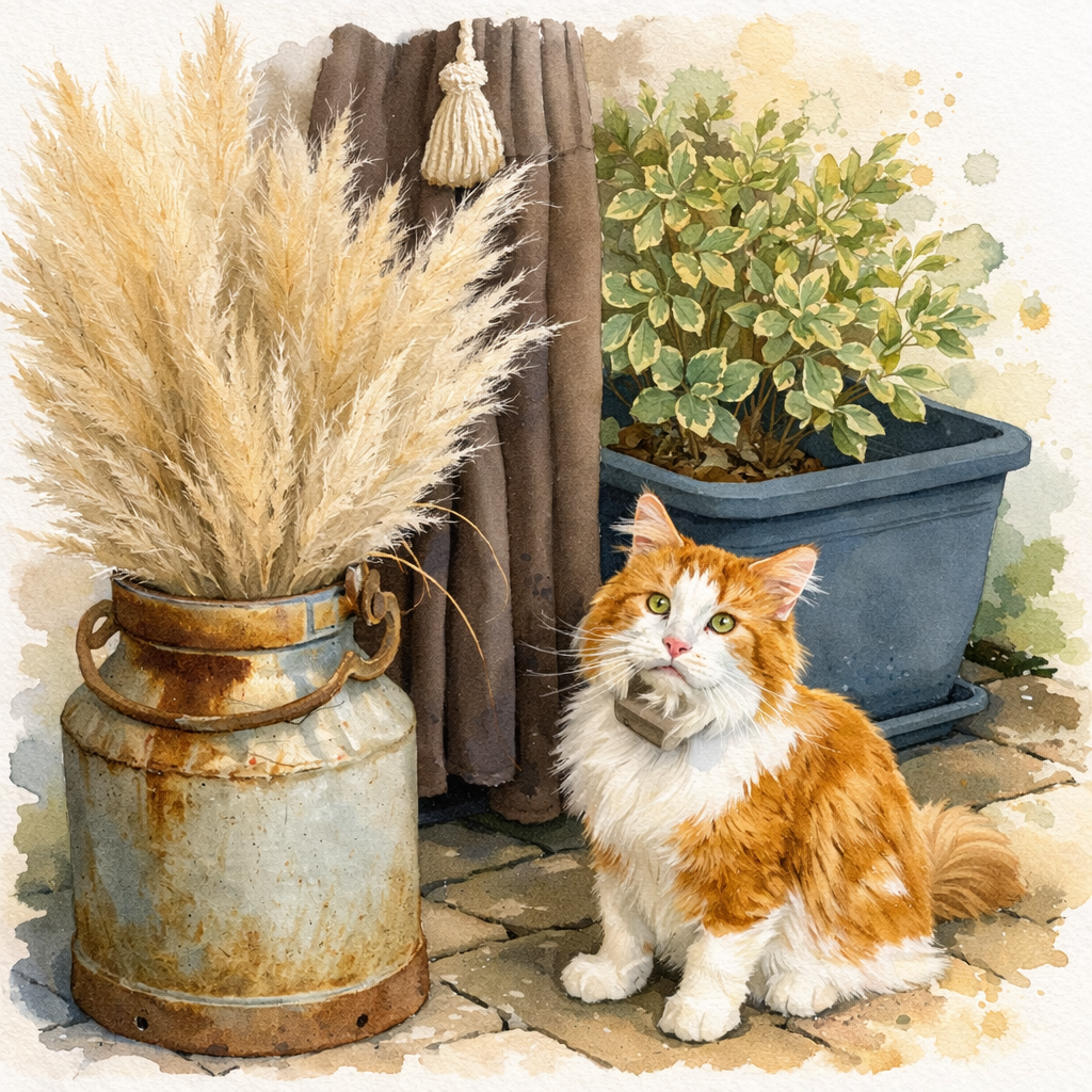 eine rot-weisse Katze mit einem Zeckenhalsband sitzt vor einem Vorhang, getrockneten Gräsern und einer grünen Topfpflanze