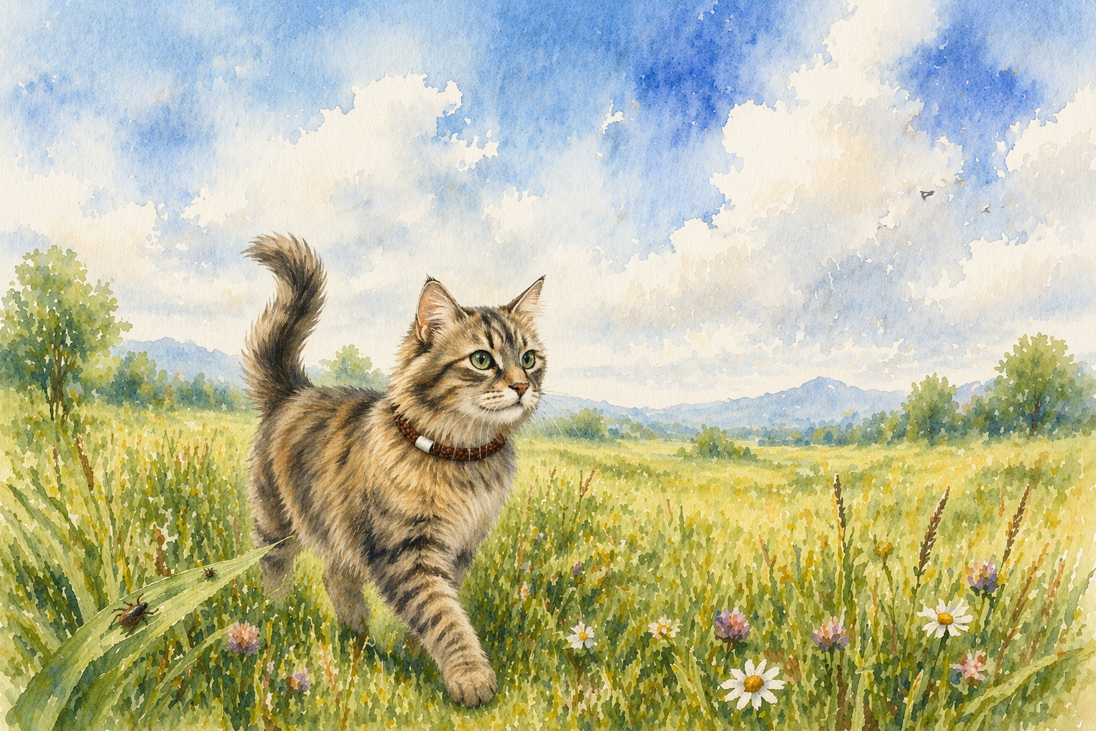 eine Katze mit EM Halsband auf Wiese 