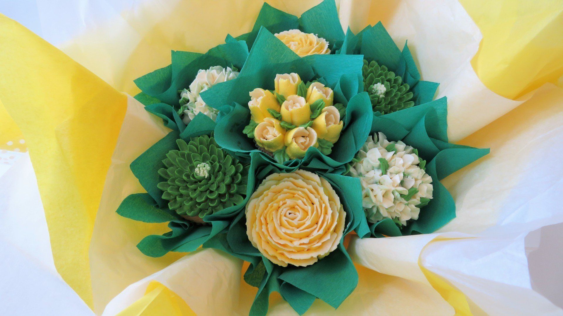 Green and yellow  7 cupcake flower bouquet