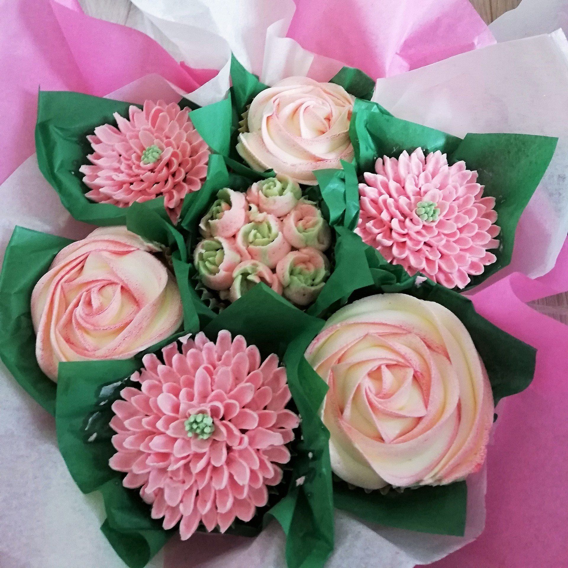 Pink rose, tulip and Chrysanthemum 7 cupcake bouquet