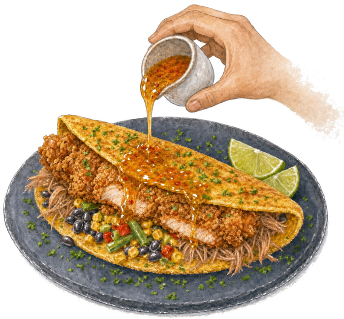 Cachapa El Pollo – die Original-Illustration aus dem Gambit-Speisenmenü