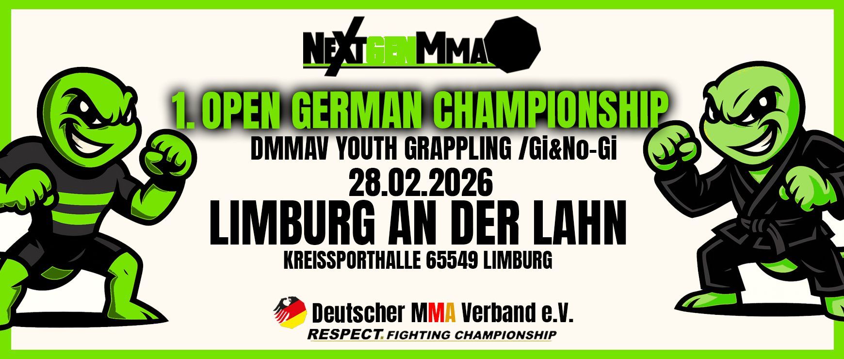 Veranstaltungsplakat für die 1. Offene Deutsche Meisterschaft in Limburg an der Lahn am 28.02.2026. Mit Schildkröten in Kampfposen.
