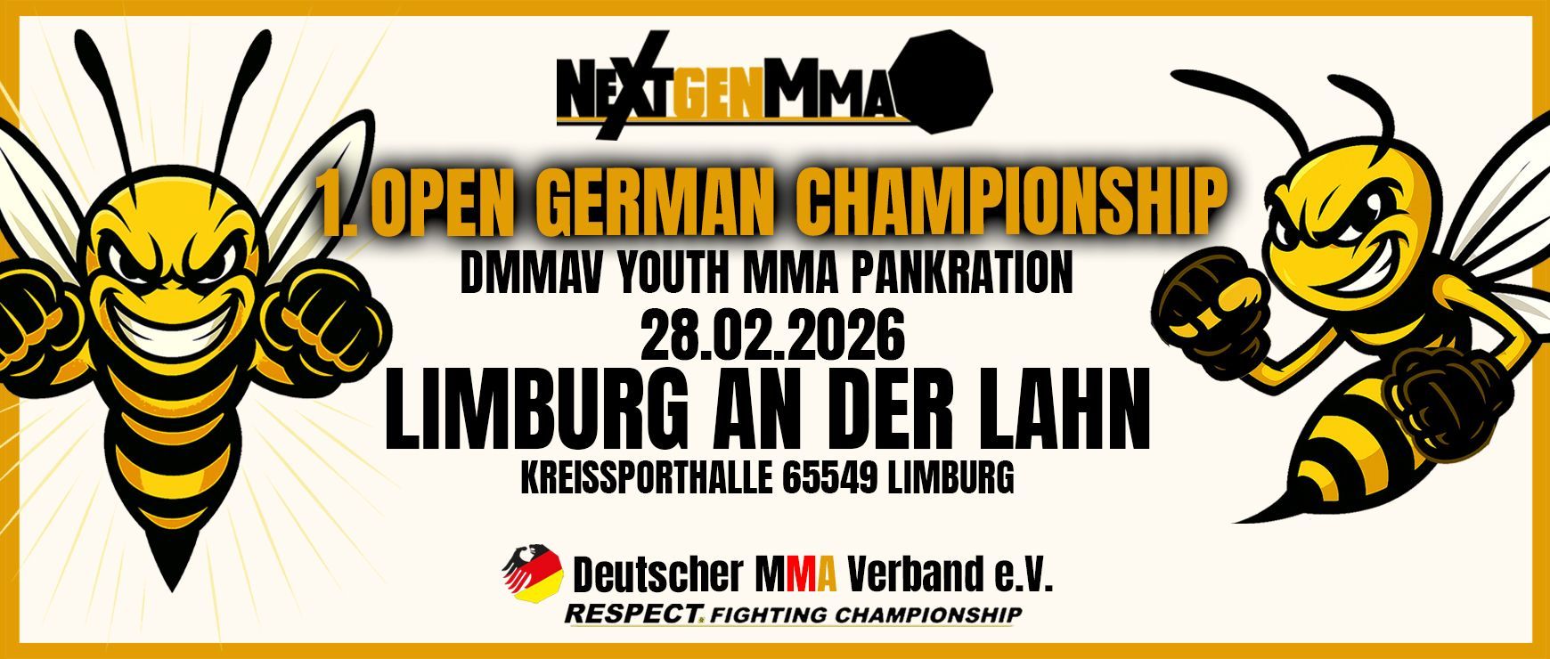 MMA-Event-Promotion mit Bienenmaskottchen zur Ankündigung der 1. Offenen Deutschen Meisterschaft in Limburg an der Lahn.