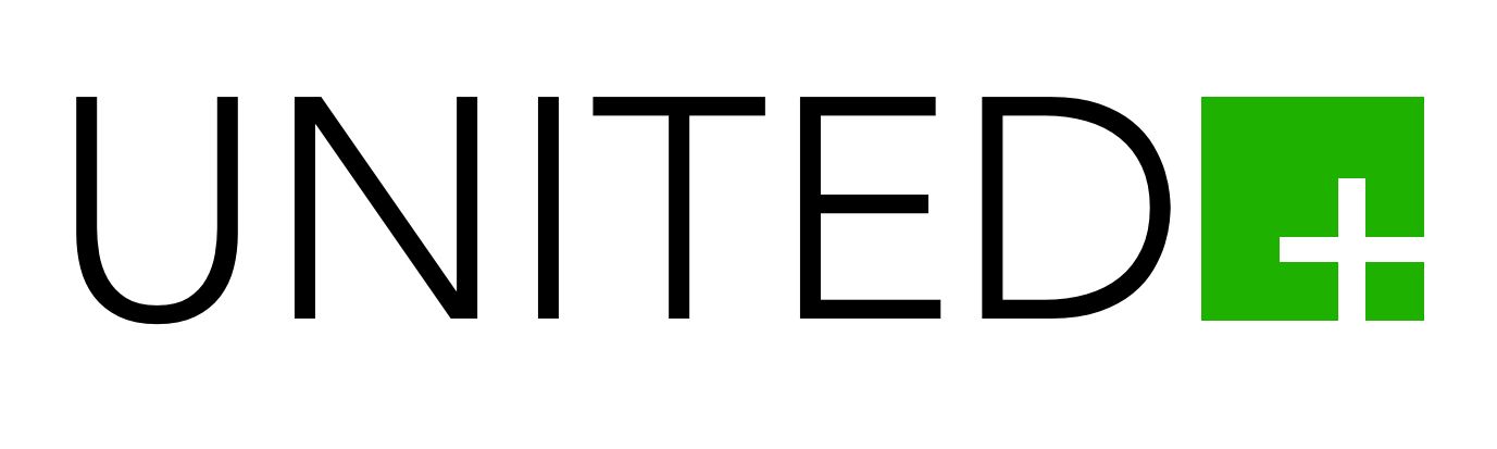 Das Wort „UNITED“ mit einem grünen Quadrat und einem weißen Pluszeichen am Ende.