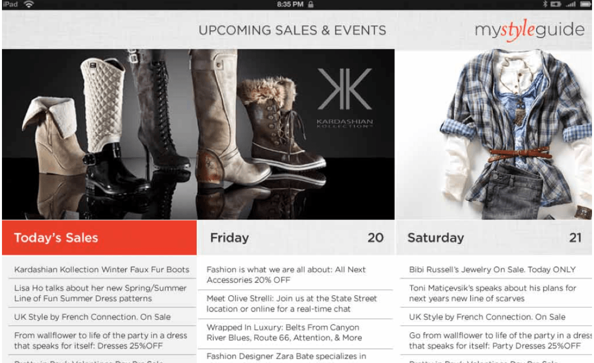 Thumbnail of the Upcoming sales & Events page of the Sears My Style Guide Application