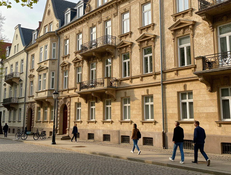 Altbau Fassade. Beige. Herrschaftlich.