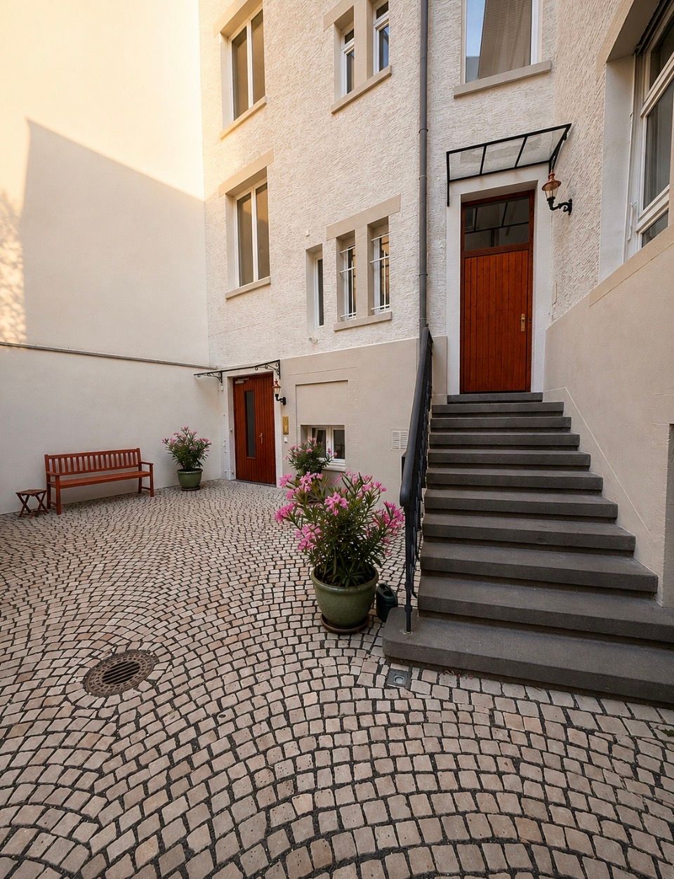 Innenhof Altbau Teakholztüren mit Vordächern.