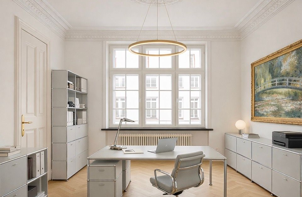 Altbau Büro. Fischgrätparkett. USM Möbel. Goldene runde Lampe. Stuck. Kasettentür.