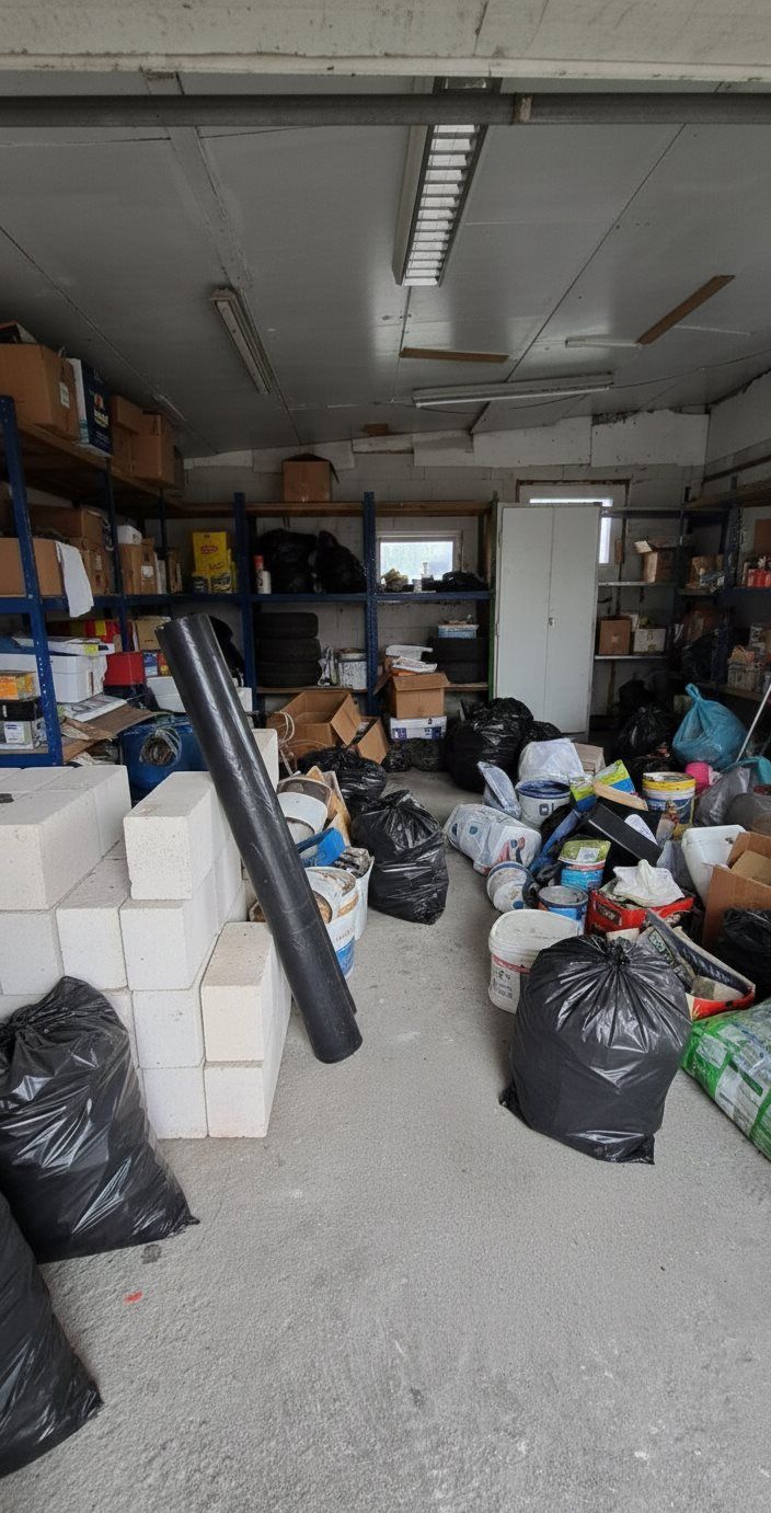 vorher: schmutzige, voll mit Müll und Bauschutt gestellte Garage in Plate. NordBlitz