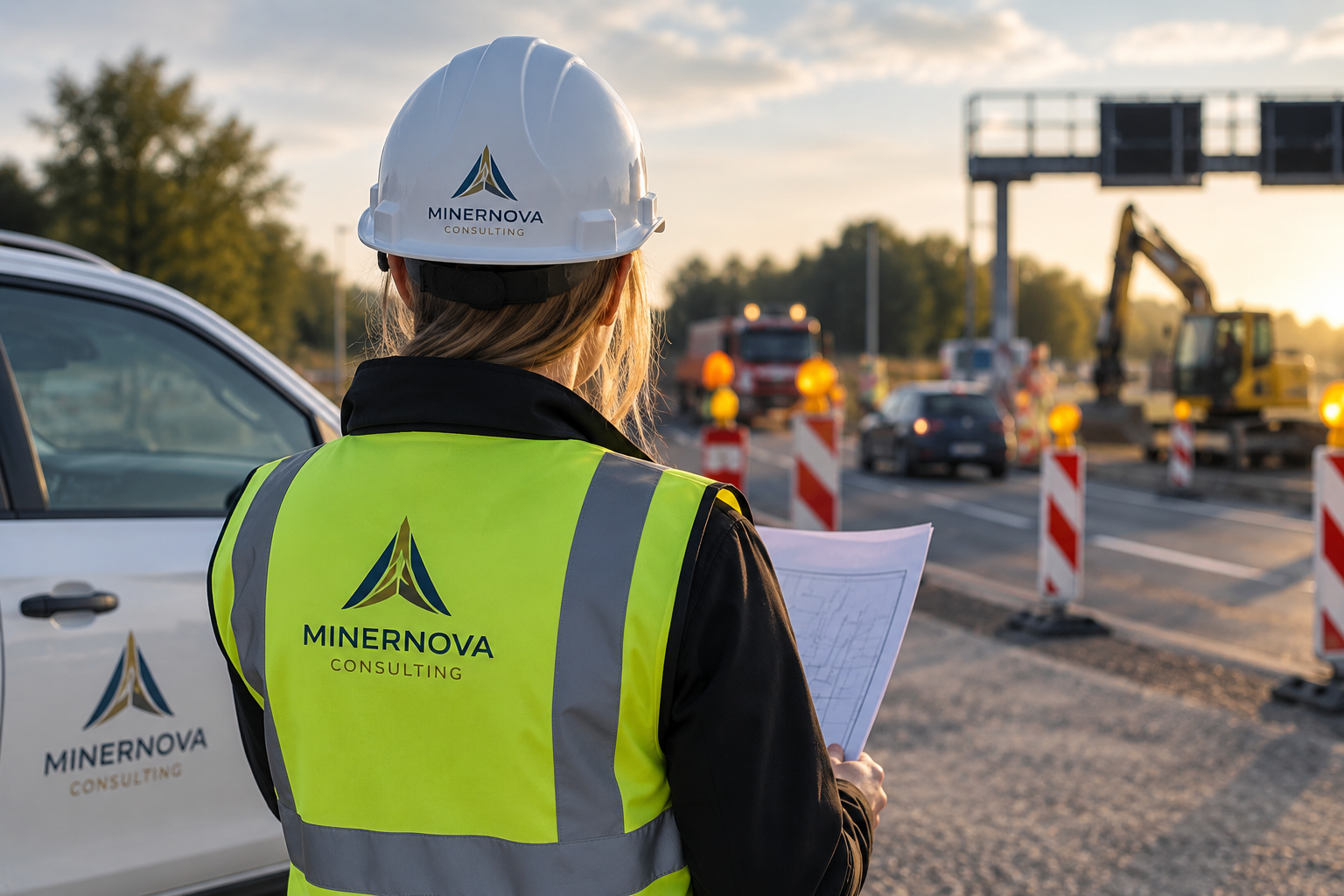 Ein Bauarbeiter in Warnweste und Schutzhelm prüft Pläne an einer Straßenbaustelle mit Verkehrskegeln.