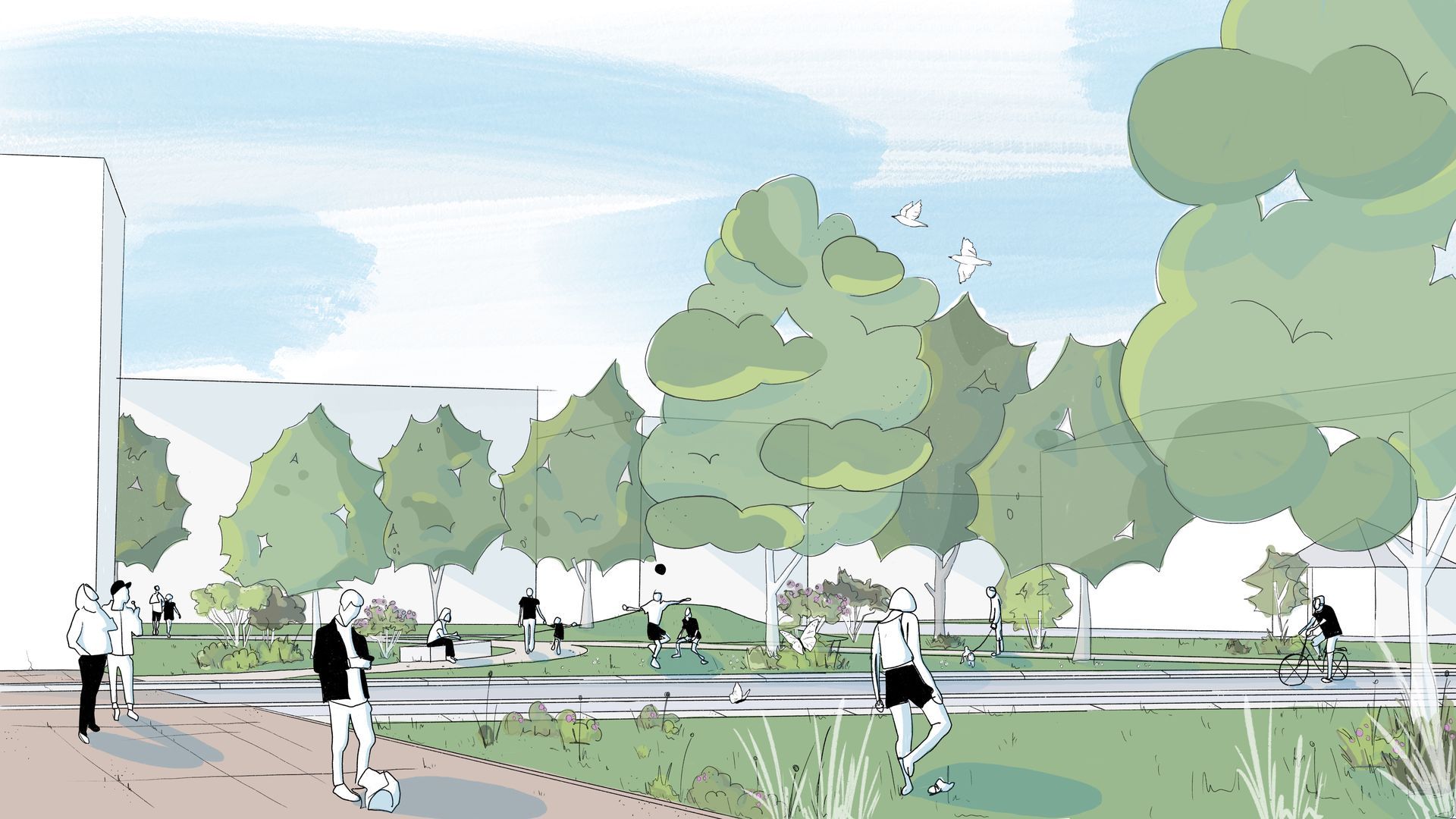 Visualisierung: Illustration einer Szene eines Parkes. Offene Rasenflächen gerahmt mit viel Grün. Belebt.