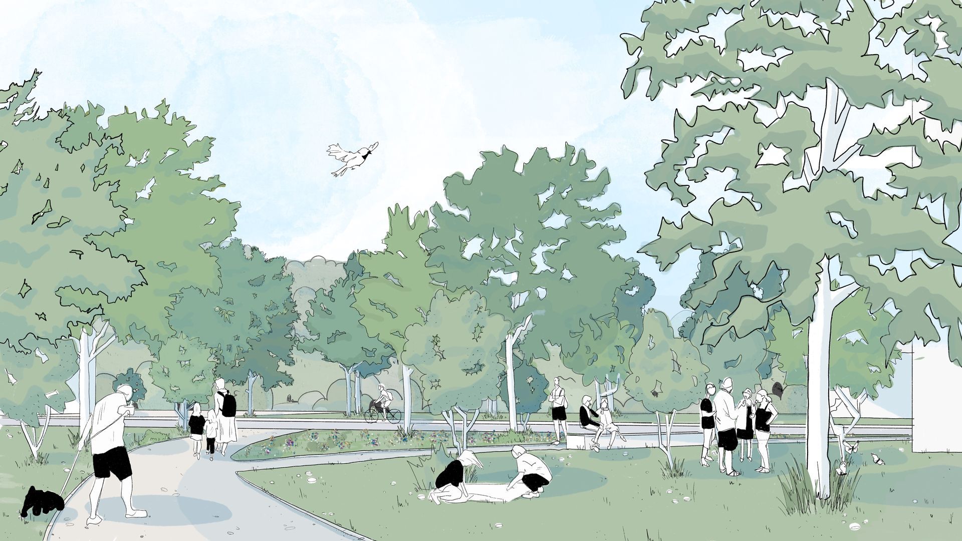 Visualisierung: Illustration einer Szene eines Parkes. Offene Rasenflächen gerahmt mit viel Grün. Belebt.