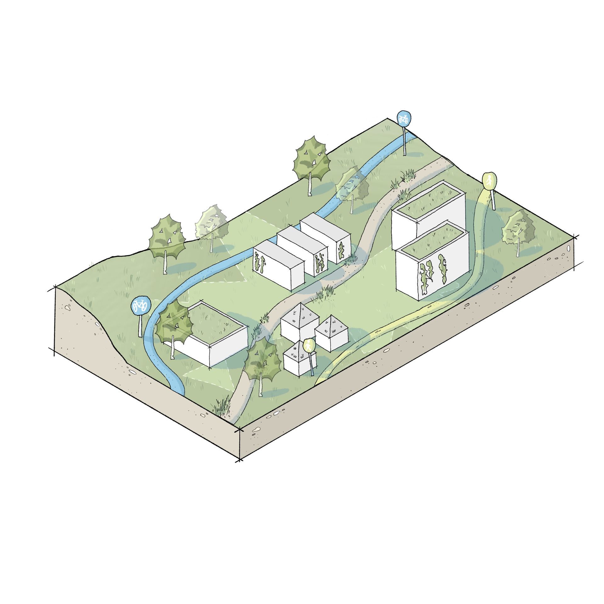 Konzeptblock: Illustration eines Konzeptblocks. Städtebaulich, Thema Mobilität. Darstellung unterschiedlicher Mobilitätsarten