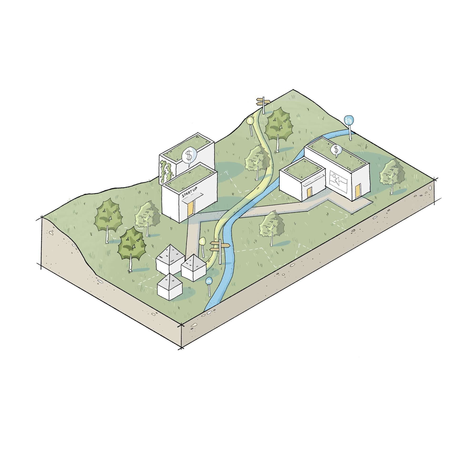 Konzeptblock: Illustration eines Konzeptblocks. Städtebaulich, Thema Wegeverbindungen .