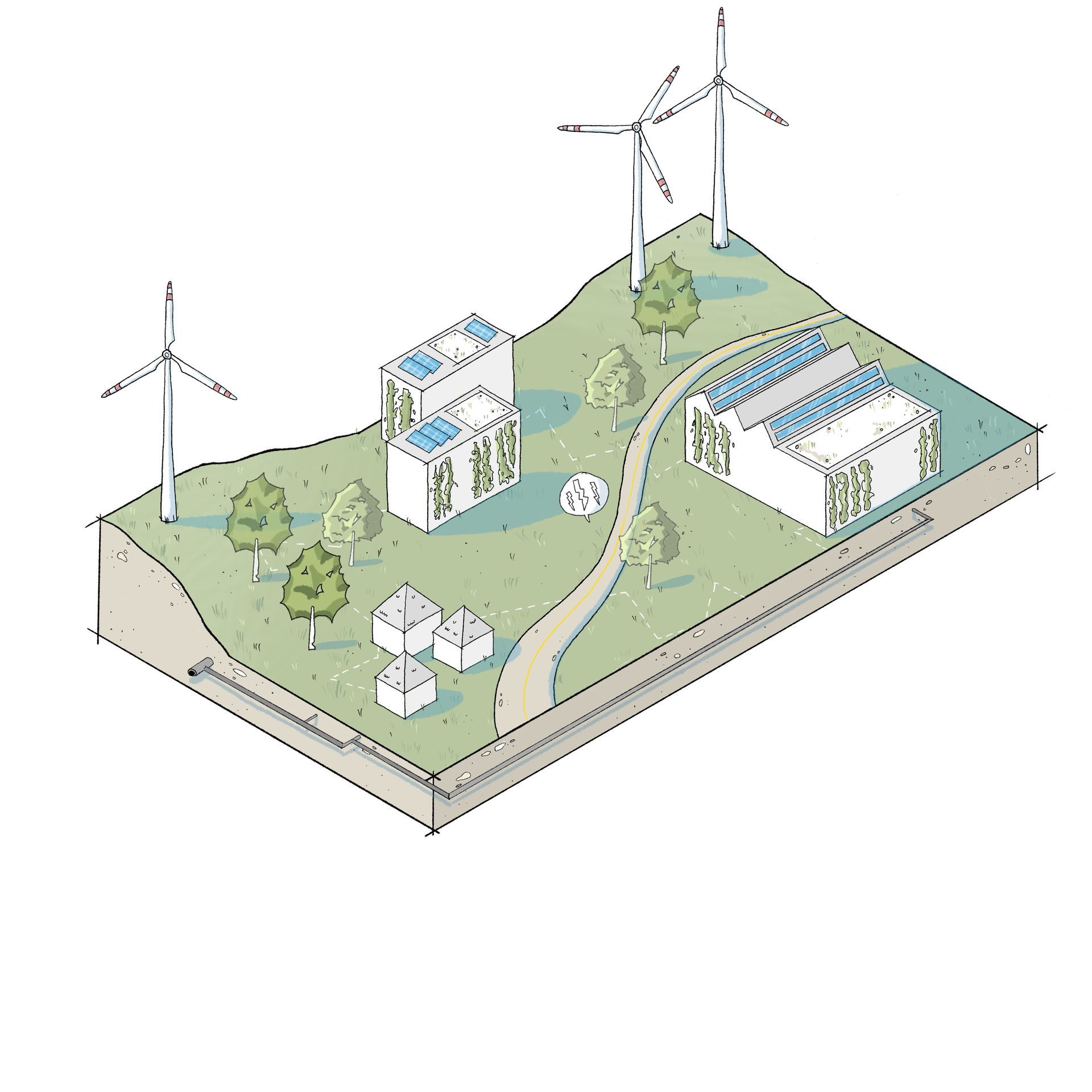 Konzeptblock: Illustration eines Konzeptblocks. Städtebaulich, Thema Energie. Darstellung von alternativen Energiequellen.