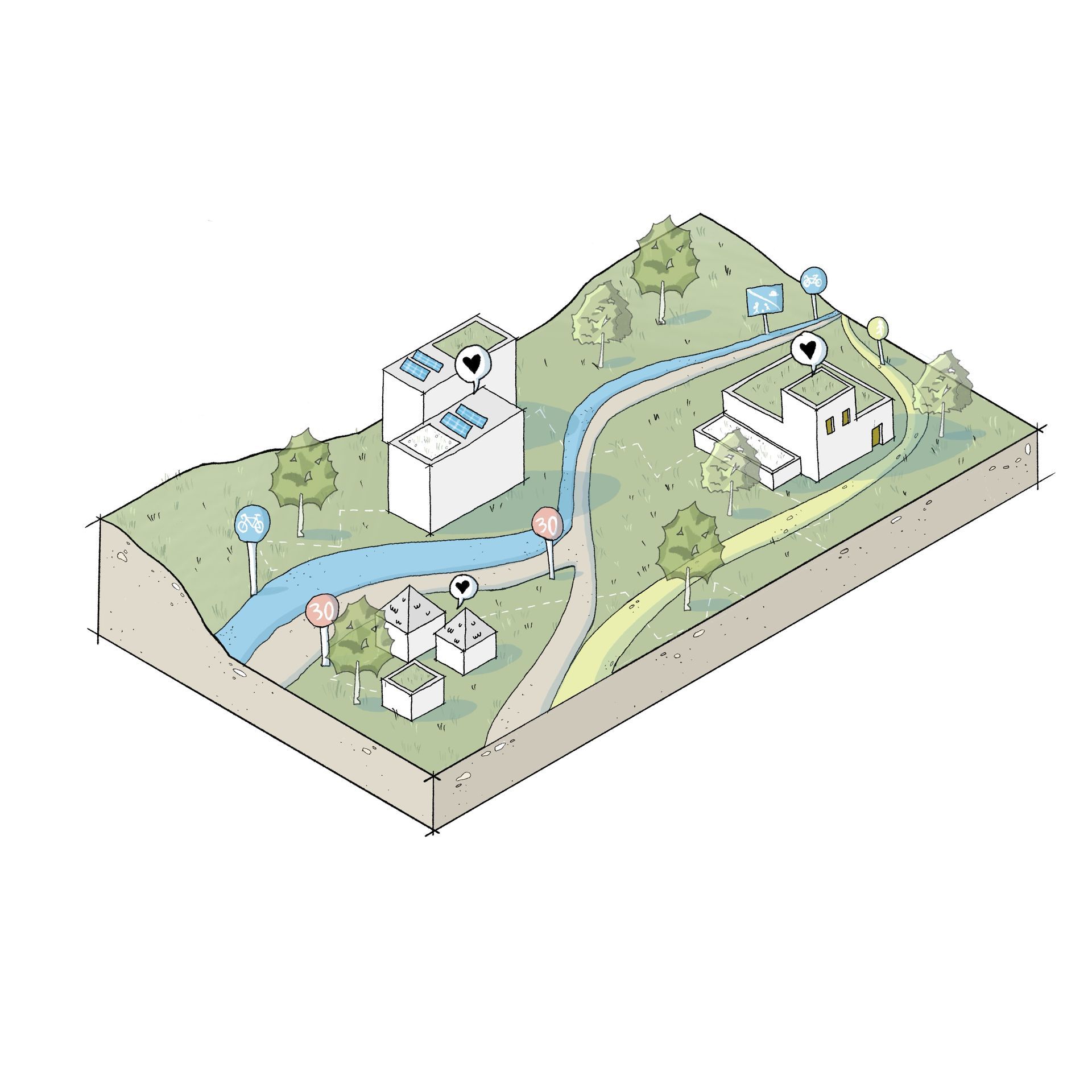 Konzeptblock: Illustration eines Konzeptblocks. Städtebaulich, Thema Verkehr. Sprechblasen mit Herzen stehen über Gebäuden.