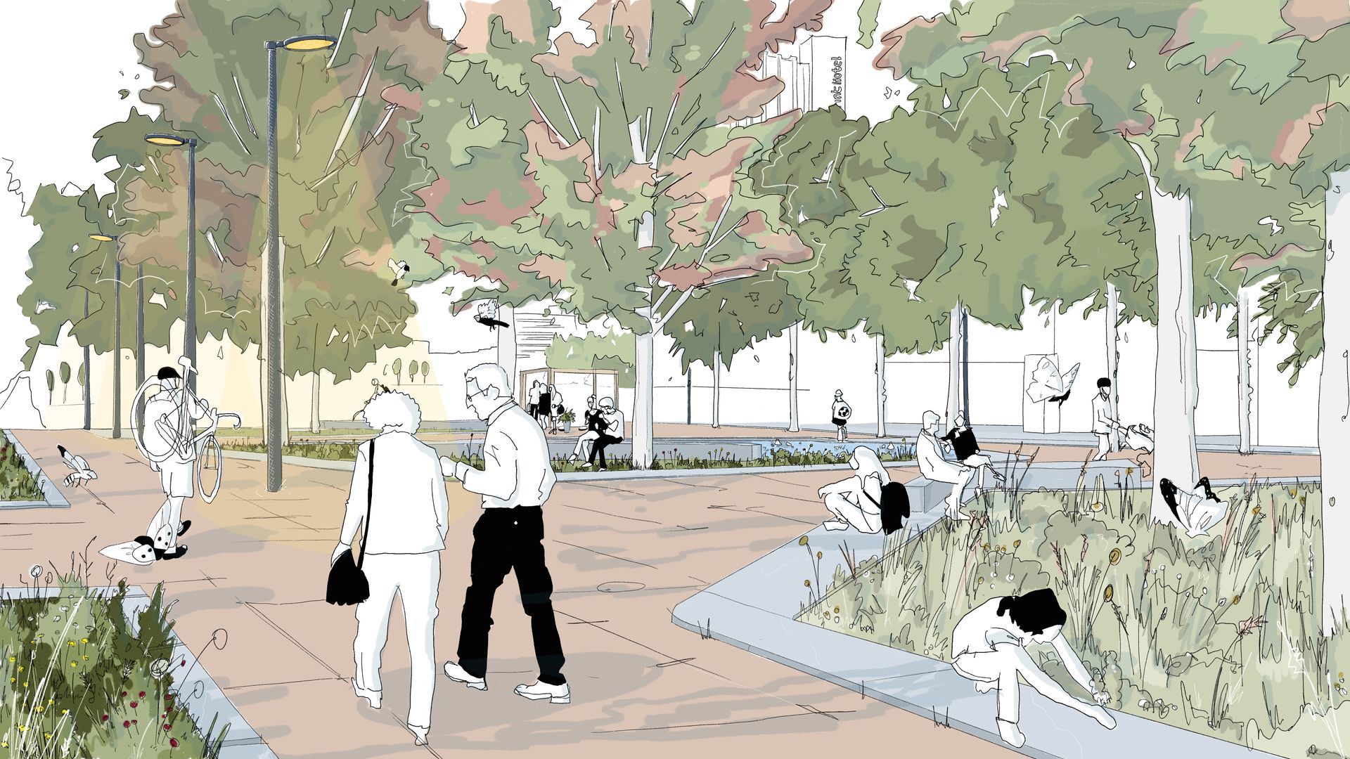 Visualisierung: Illustration einer Szene eines grünen Stadtplatzes. Der Platz ist sehr belebt. Viele Pflanzungen und Bäume.