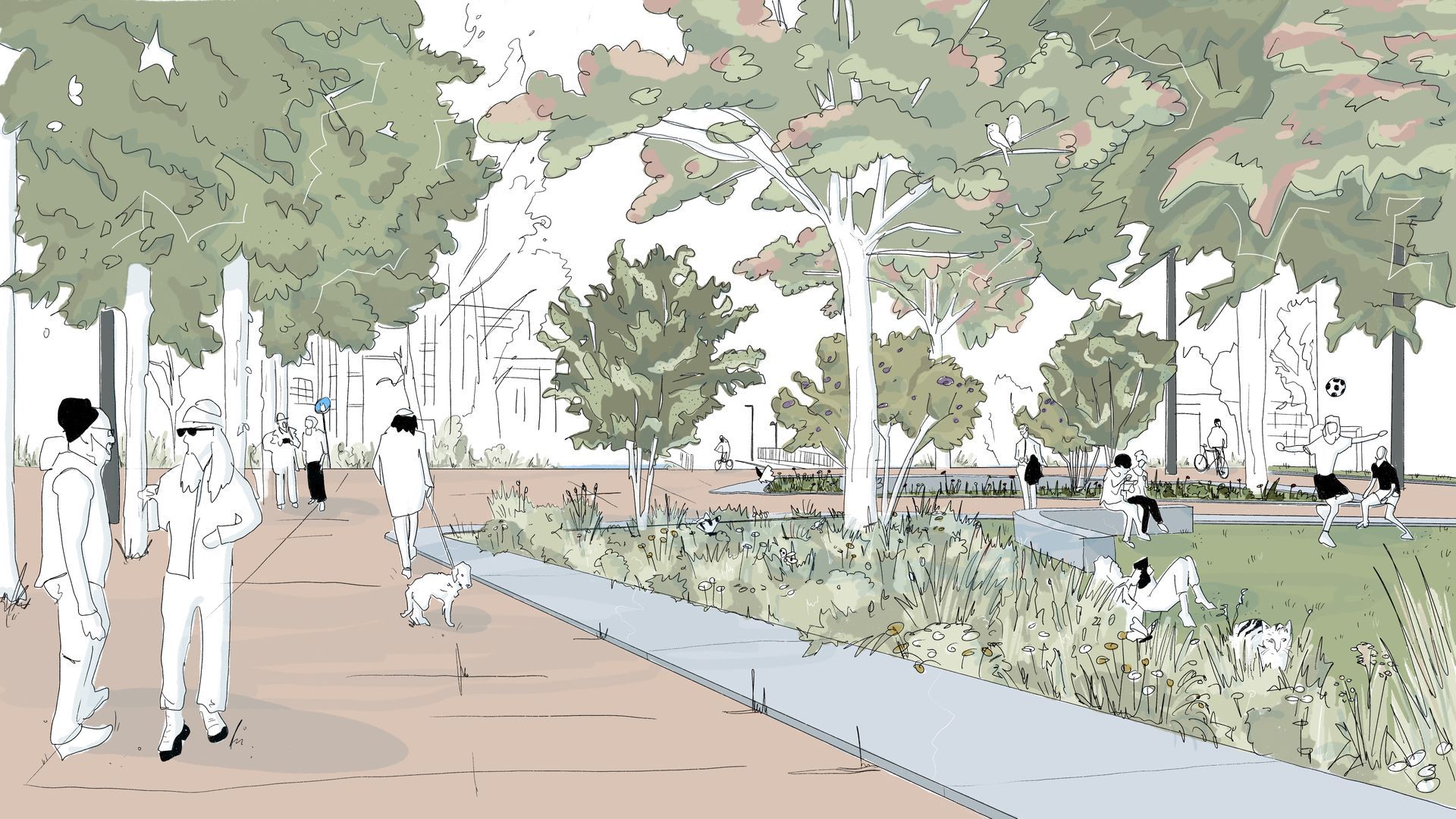 Visualisierung: Illustration einer Szene eines grünen Stadtplatzes. Der Platz ist sehr belebt. Viele Pflanzungen und Bäume.