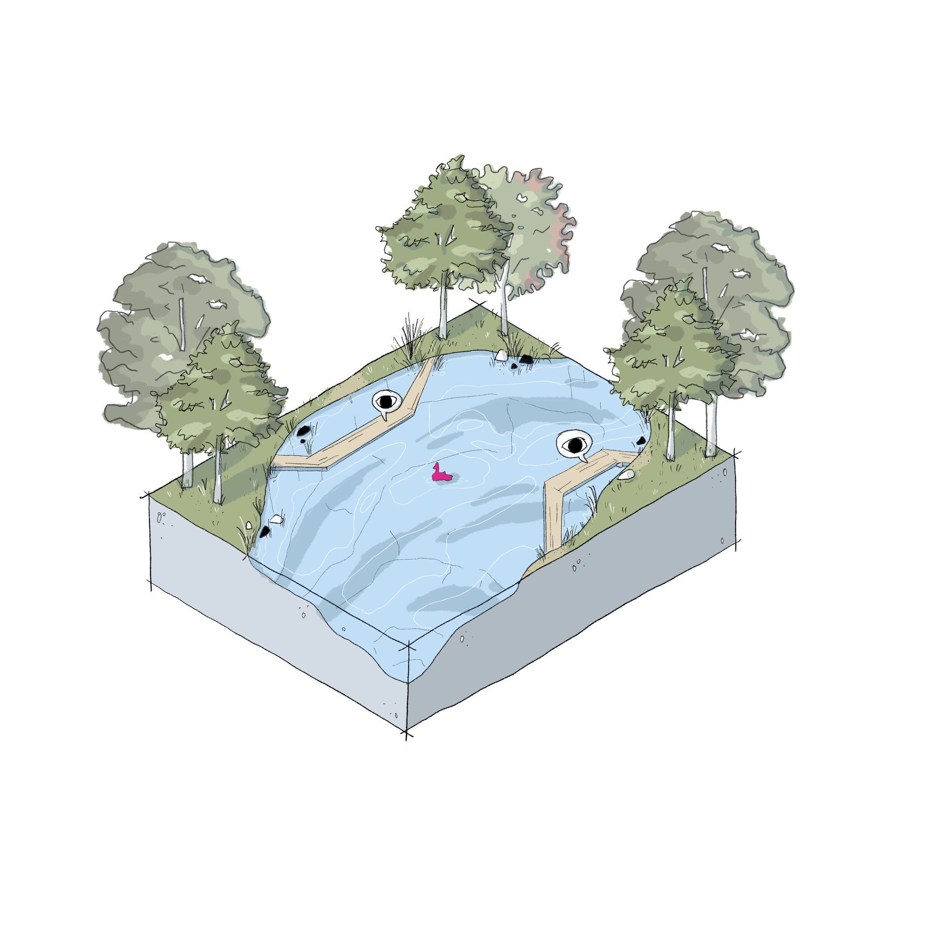 Konzeptblock: Illustration eines Konzeptblocks. Ein See mit Plattformen steht im Zentrum. Thema Blickbezüge.