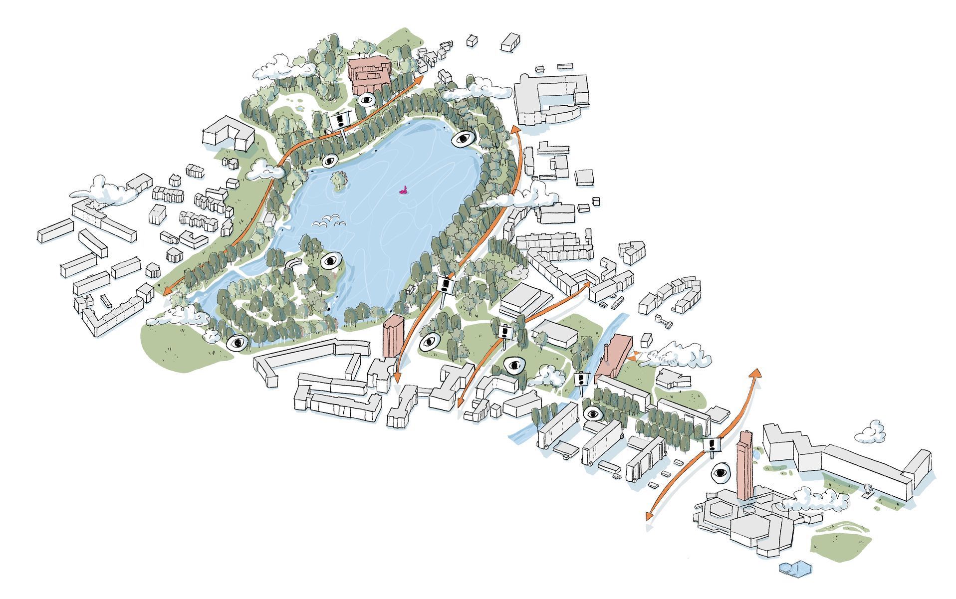 Isometrie: illustrierte städtebauliche Isometrie. Gebäude, Grünflächen und Bäume sowie ein See sind dargestellt. 