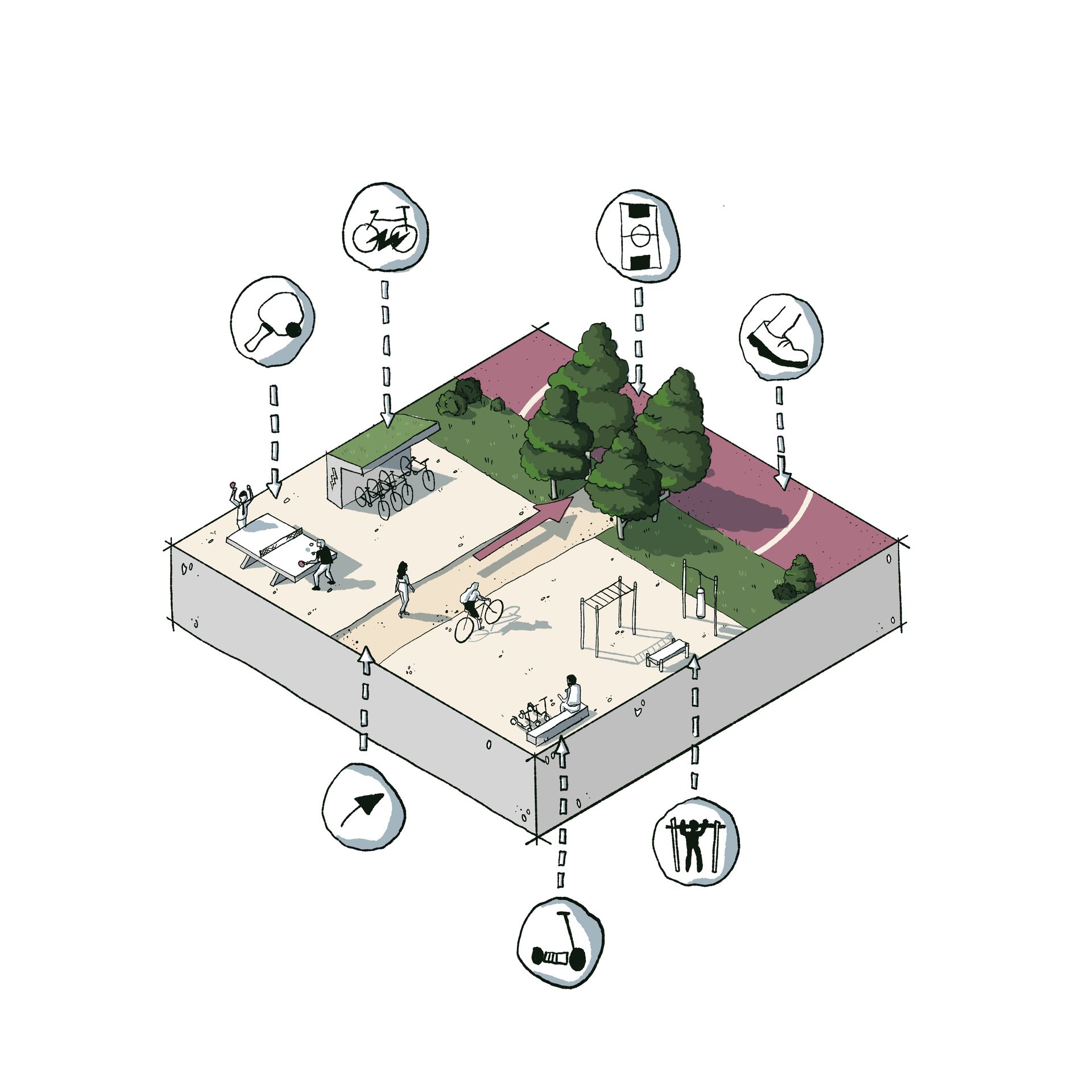 Konzeptblock: Illustration eines Konzeptblocks. Freiraumplanerisch, Thema Platzgestaltung und Bewegung.