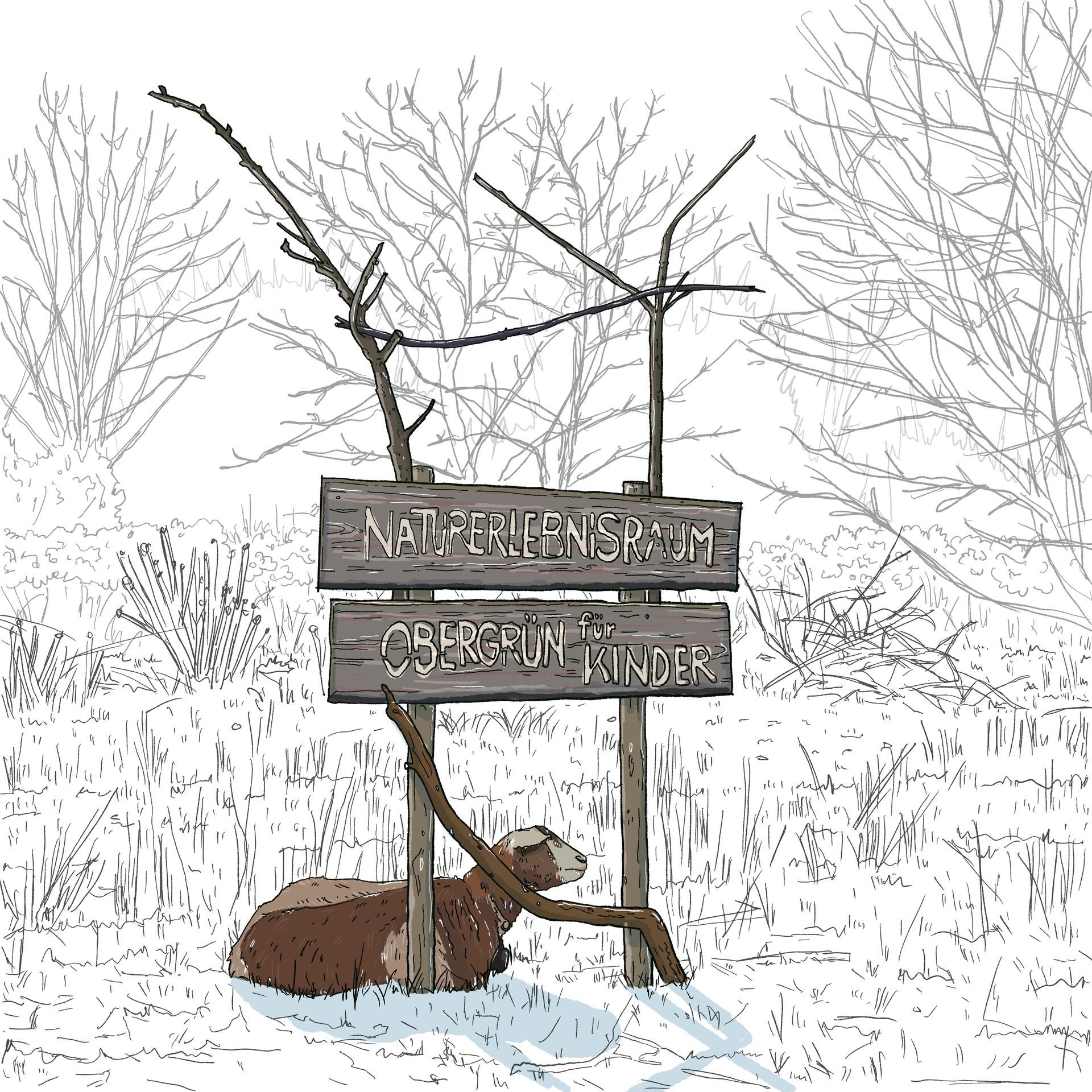 Illustration eines Schafes vor einem Holzschild.