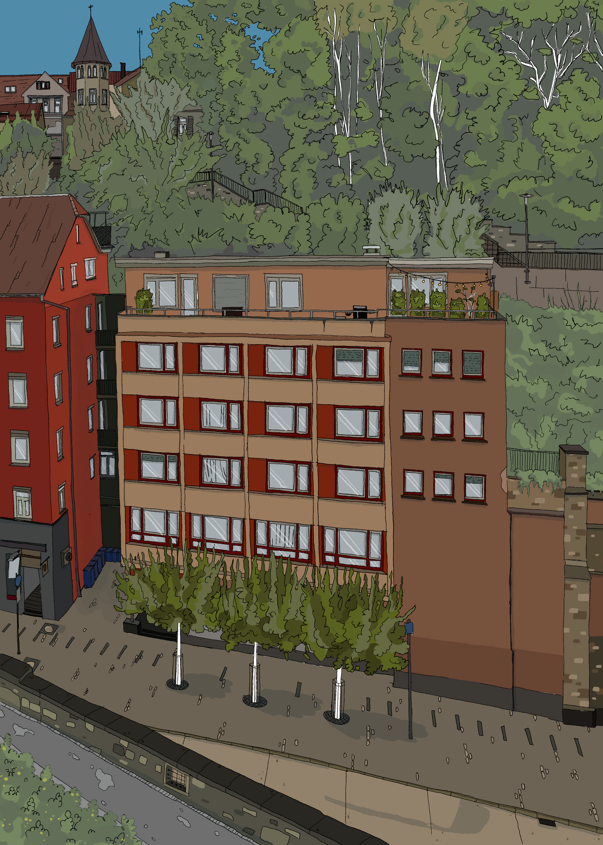 Illustration eines Gebäudes in der Mühlstraße Tübingen. Im Hintergrund weitere Gebäude und Bäume. 