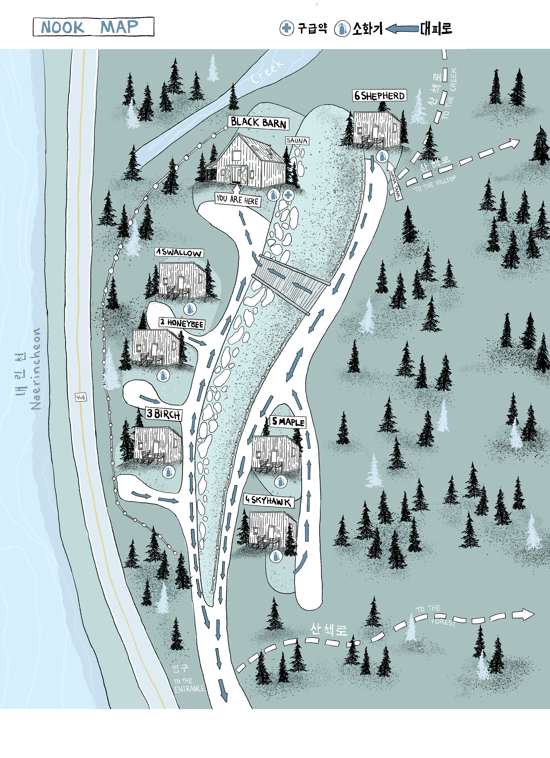 Karte eines Campingplatzes in Korea. Hütten und Zeltplätze unter Bäumen sind illustriert.