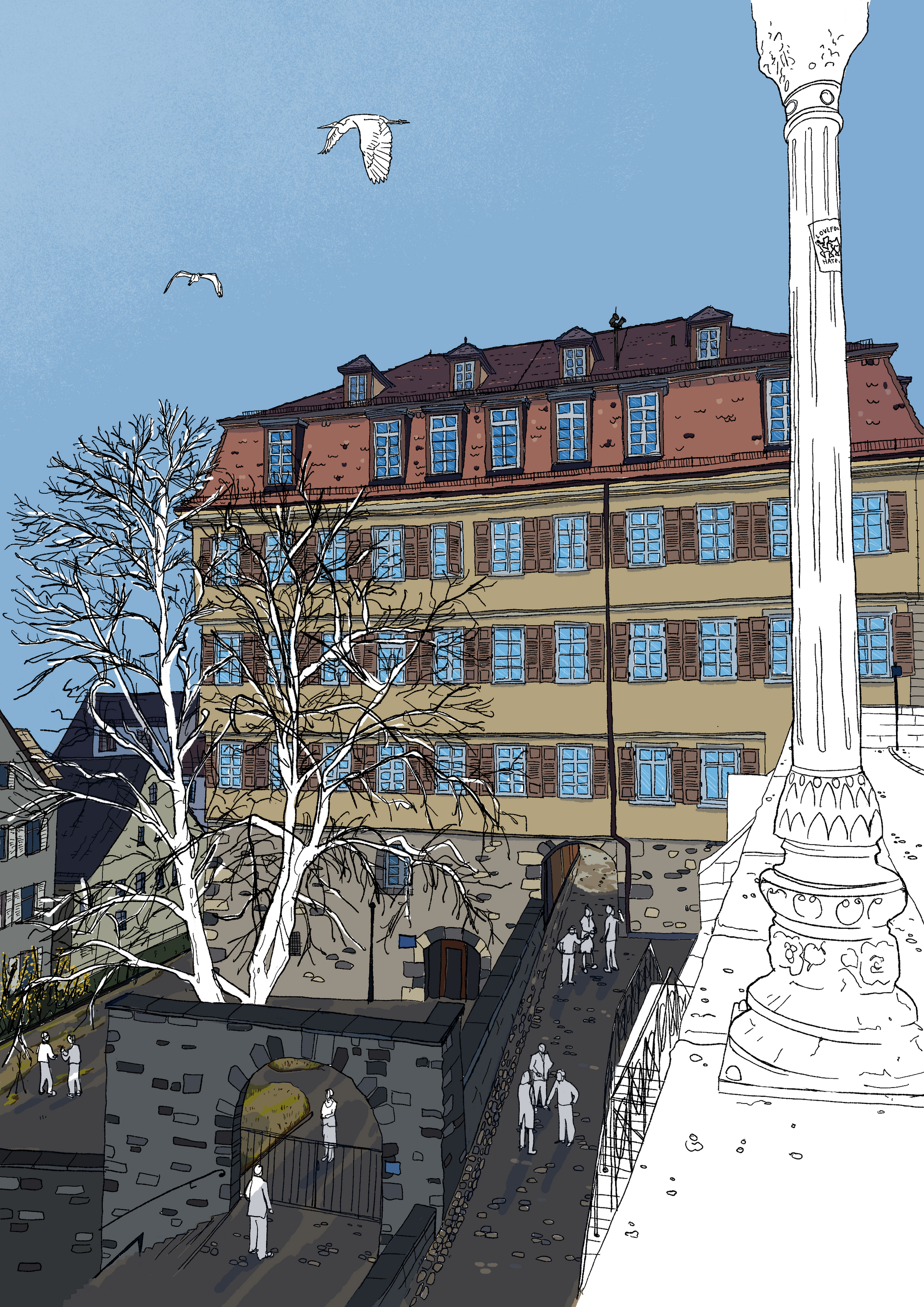 Illustration eines historischen Universitätsgebäudes in Tübingen.