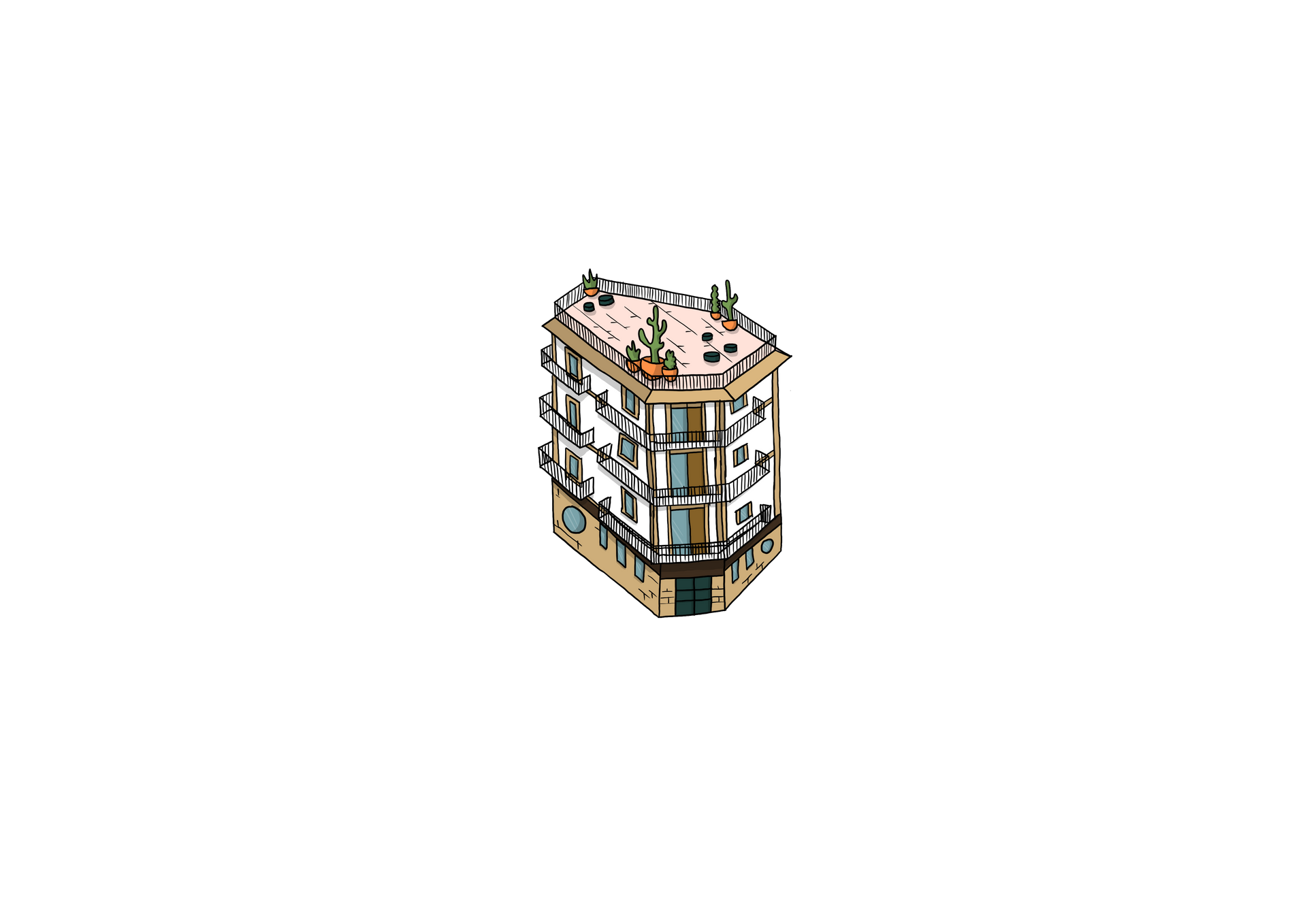 Isometrische Illustration eines viergeschossigen Stadthauses mit Dachterrasse