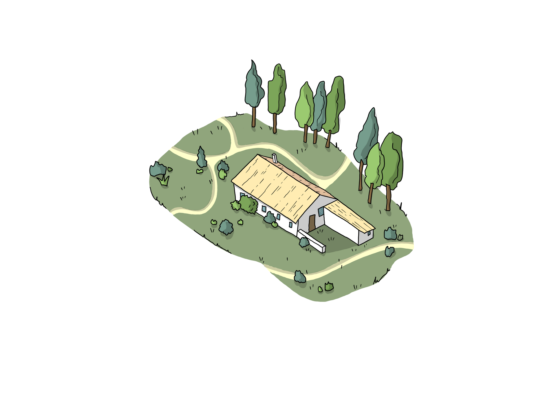 Isometrische Illustration einer Finca. Sie liegt in einer weitläufigen Grünfläche mit Bäumen und Wegen