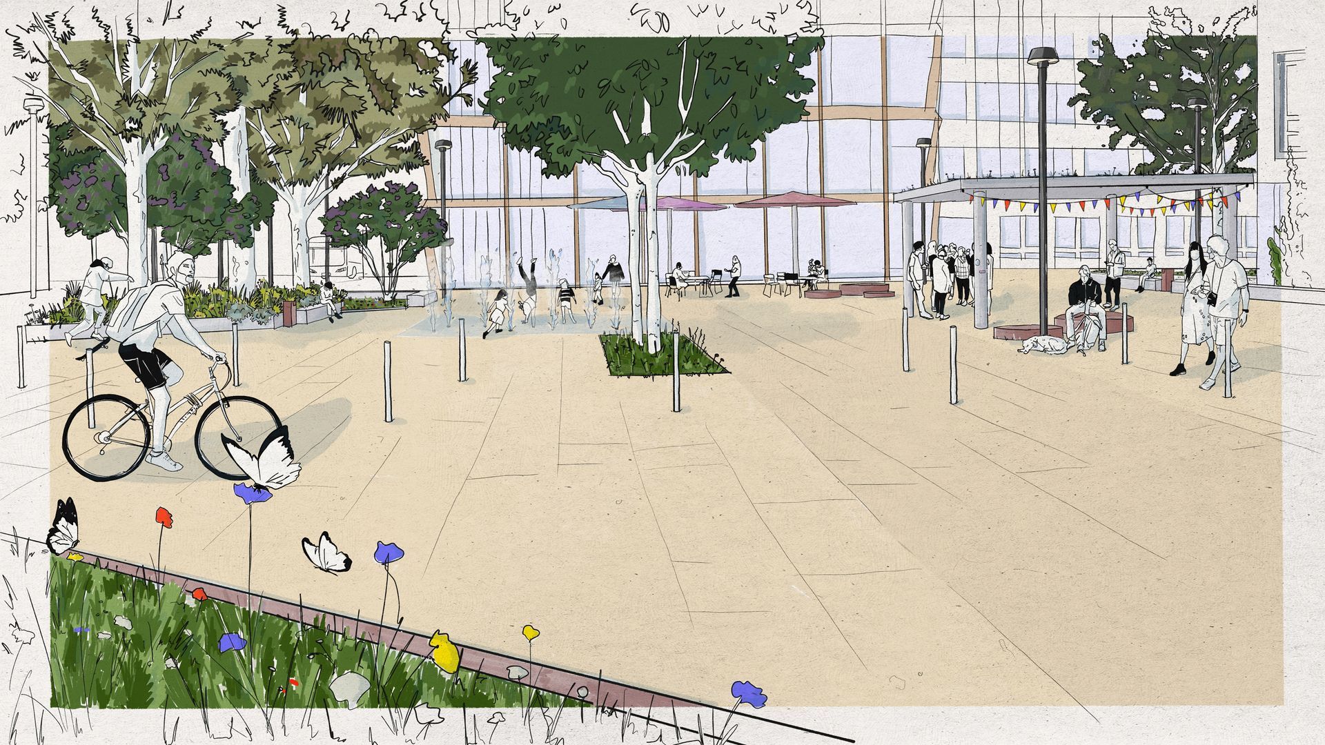 Visualisierung: Illustration eines grünen Stadtplatzes. Im Vordergrund steht wie Belebt er ist. Viele Pflanzungen und Bäume.