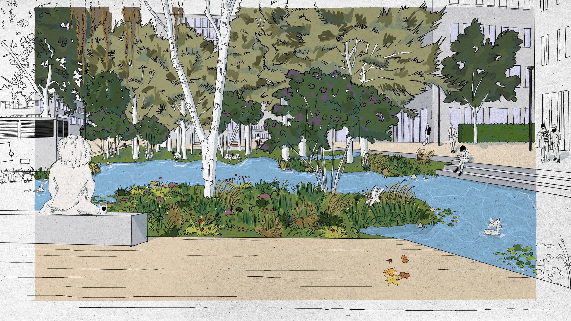 Visualisierung: Illustration eines grünen Stadtparks. Im Vordergrund stehet eine Wasserfläche. Viele Pflanzungen und Bäume.