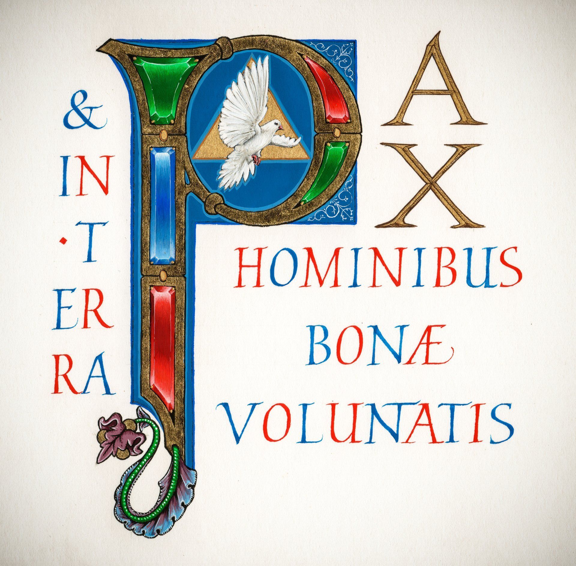 illuminated letter P. pax hominibus bonae volutatis, Calligraphy book-