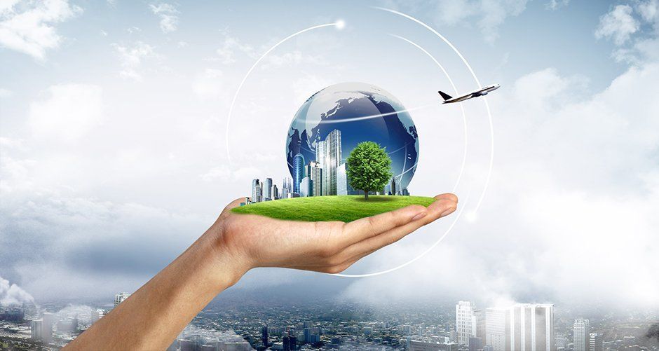 Icone ecocompatibili su terreno con sfondo verde, a simboleggiare la sostenibilità e la consapevolezza ambientale che vuole mettere in parica il sistema RENTRI per la tracciabilità dei rifiuti.