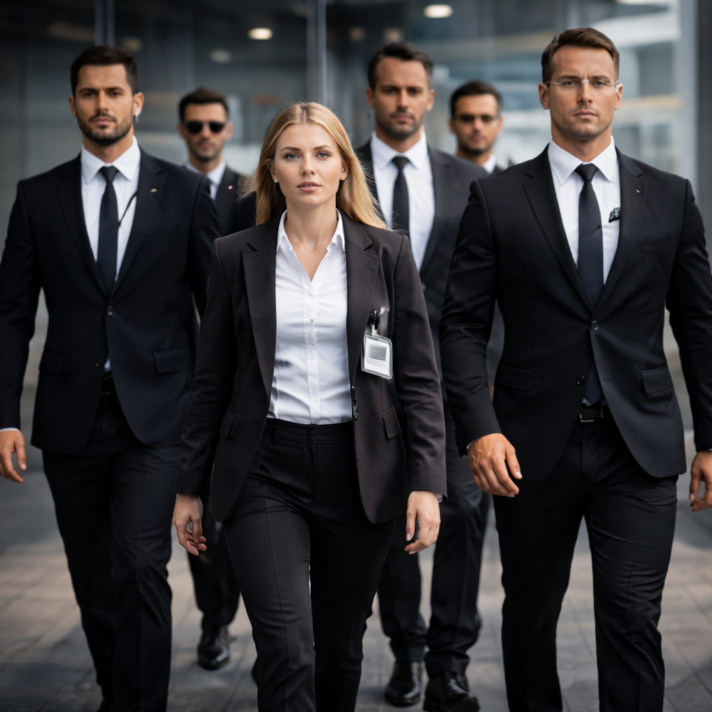 Eine Gruppe von Personen in schwarzen Anzügen schreitet voran, eine Frau an der Spitze, alle tragen Krawatten.