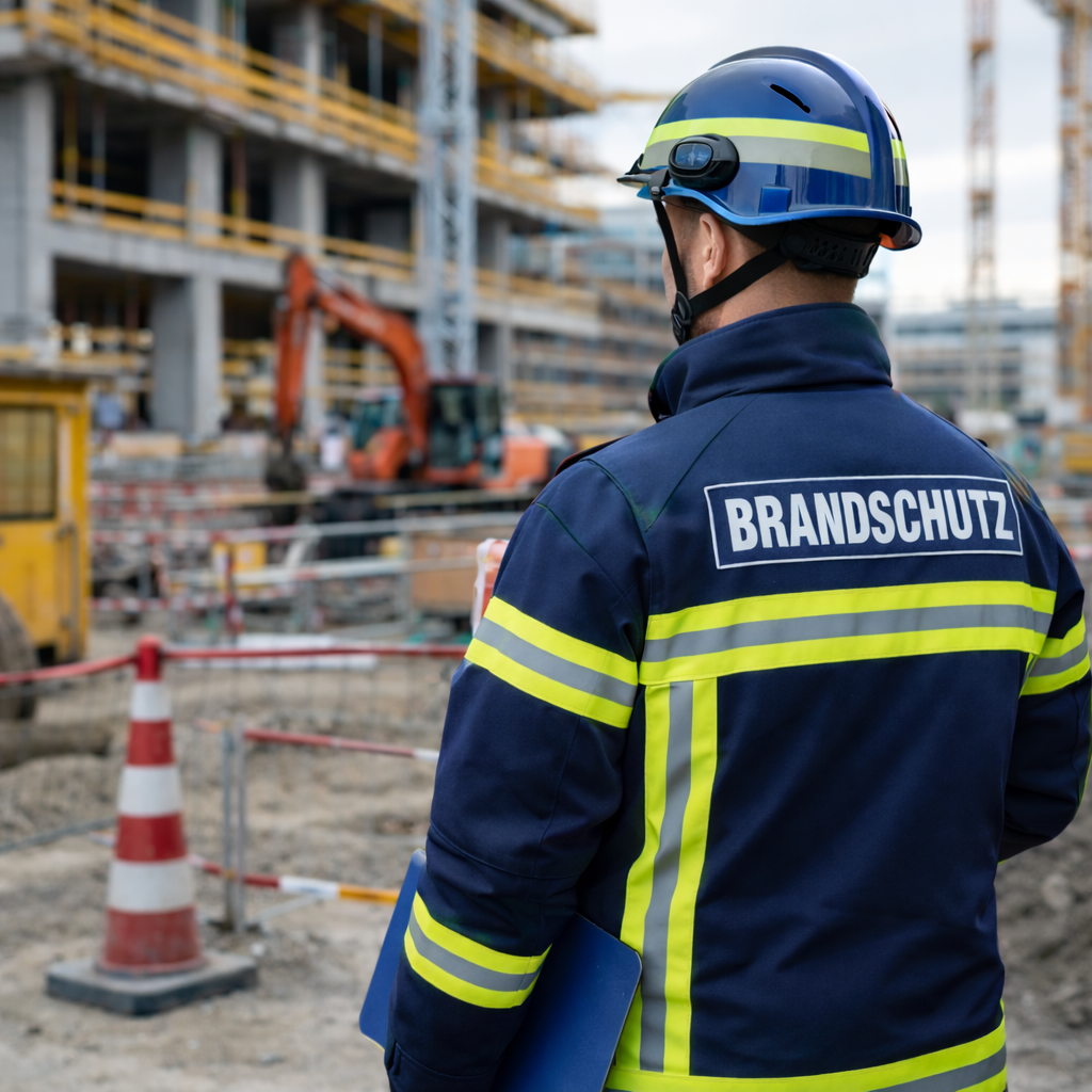 Brandschutzbeauftragter in blauer Uniform mit der Aufschrift „BRANDSCHUTZ“ auf dem Rücken, auf einer Baustelle.