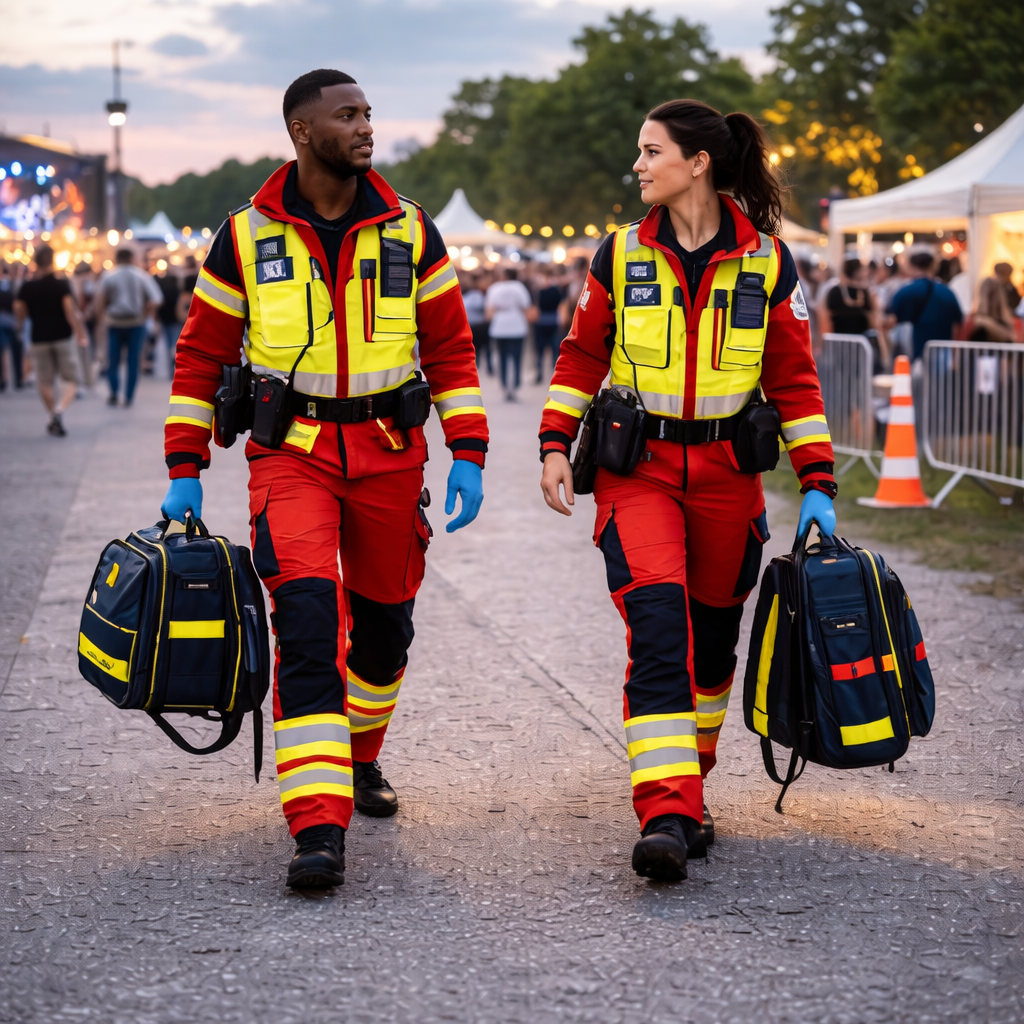 Zwei Sanitäter in roten und gelben Uniformen gehen bei einer Freiluftveranstaltung mit Sanitätstaschen.