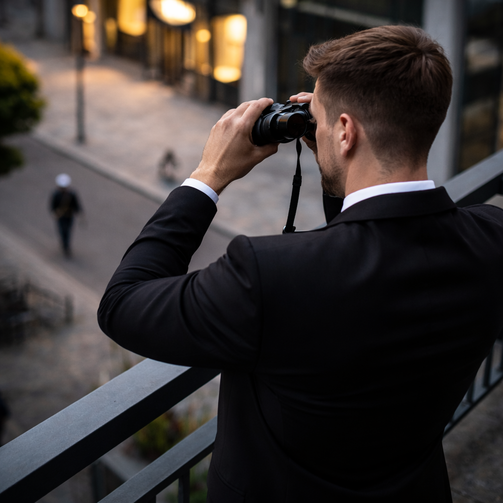 Mann im schwarzen Anzug blickt von einem Balkon aus durch ein Fernglas auf eine Stadtstraße.