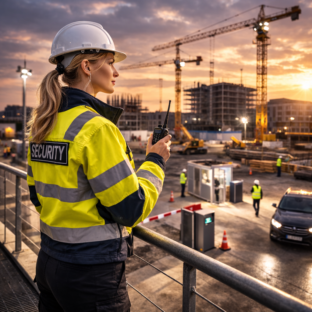 Baustellenwächter mit Funkgerät, bekleidet mit Sicherheitsweste 