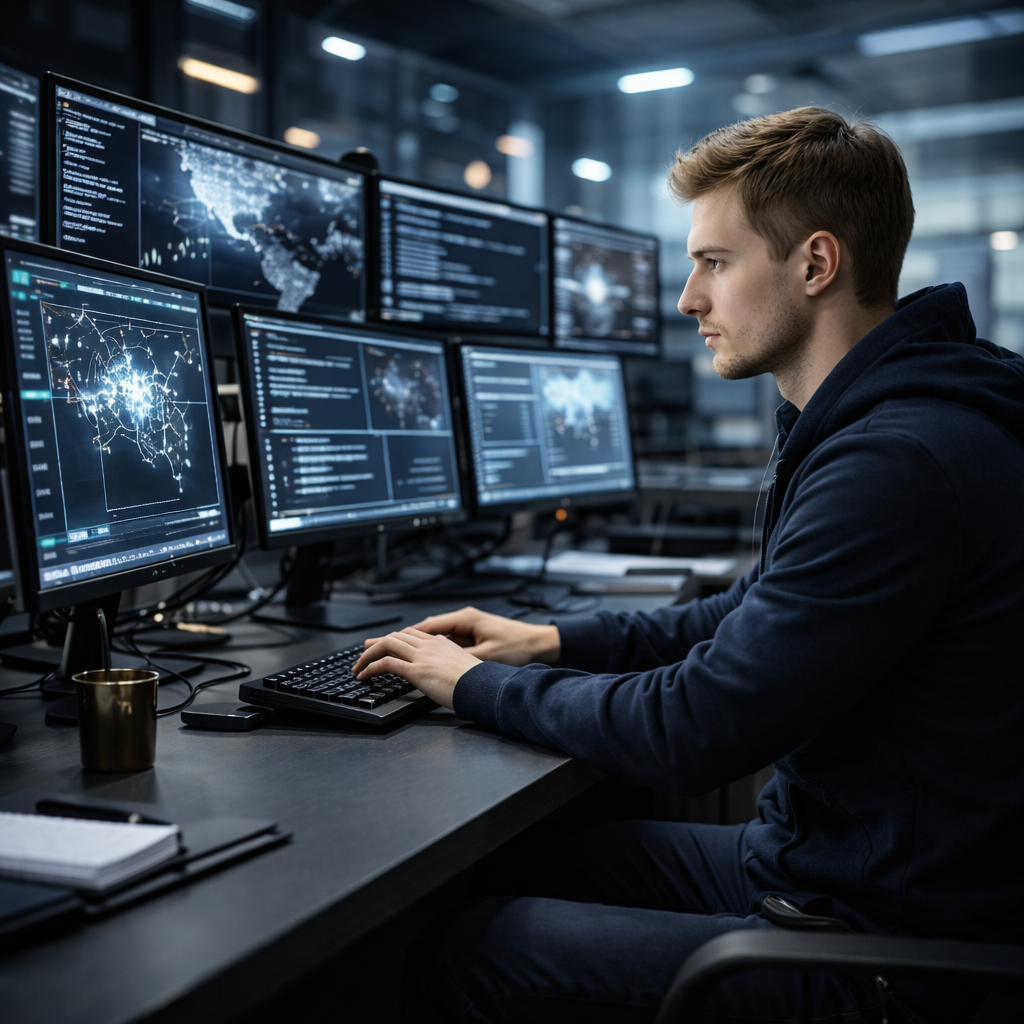 Mann in dunklem Kapuzenpulli am Schreibtisch