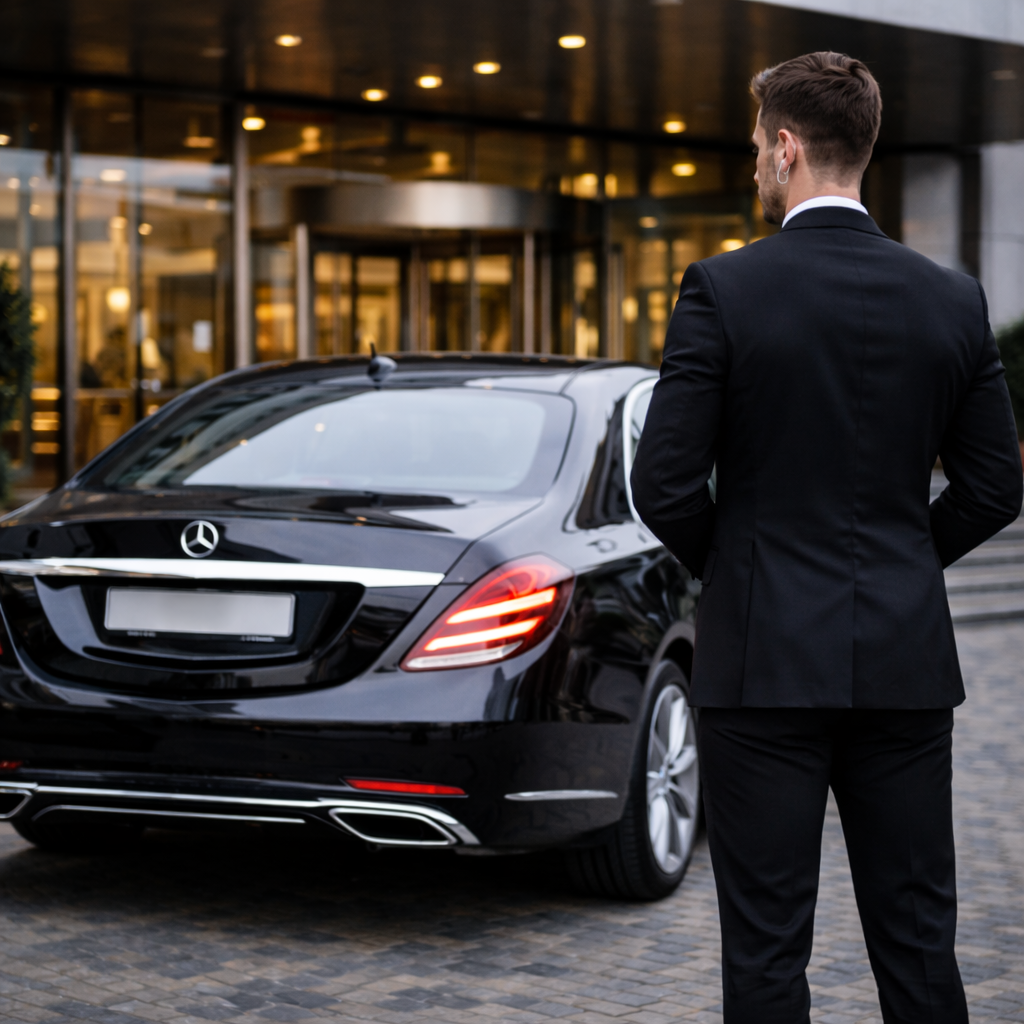 Ein Mann in einem schwarzen Anzug steht neben einer schwarzen Mercedes-Limousine vor einem Gebäude mit Drehtüren.
