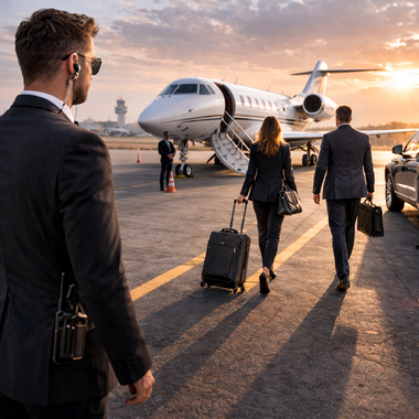 Ein Privatjet, in dem zwei Personen auf ihn zugehen. Ein Leibwächter beobachtet sie. Sonnenuntergang.